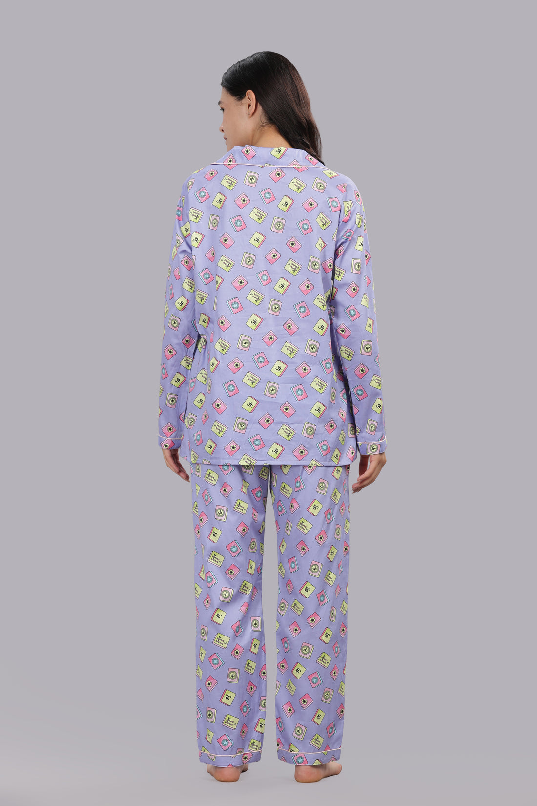 Mahjong Lilac Button Down Pj Set - Pure Cotton PJ Set with Notched Collar