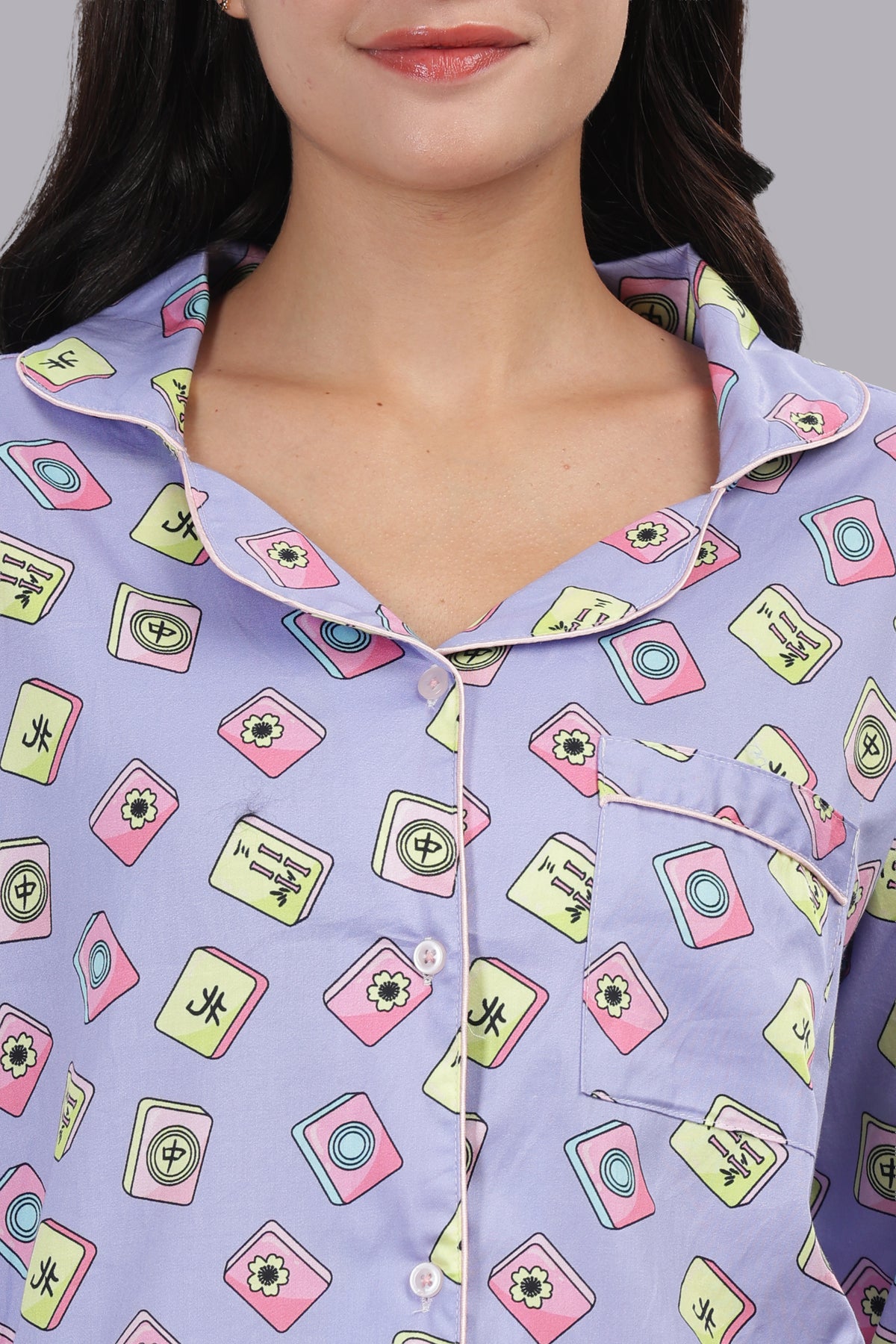 Mahjong Lilac Button Down Pj Set - Pure Cotton PJ Set with Notched Collar