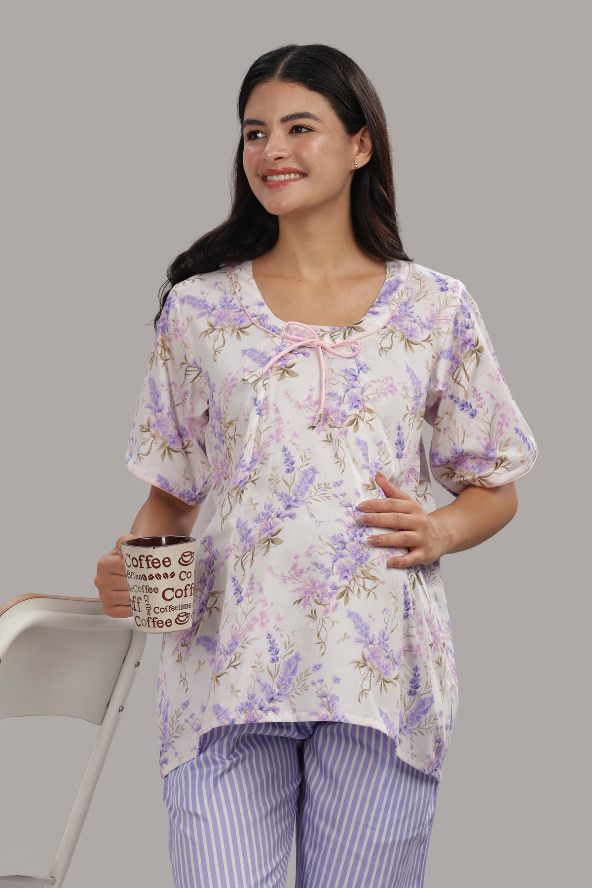 Lavender Fields Maternity PJ Set - Pure Cotton Pj Set in Round Neck with 2 Invisible Zips for Feeding