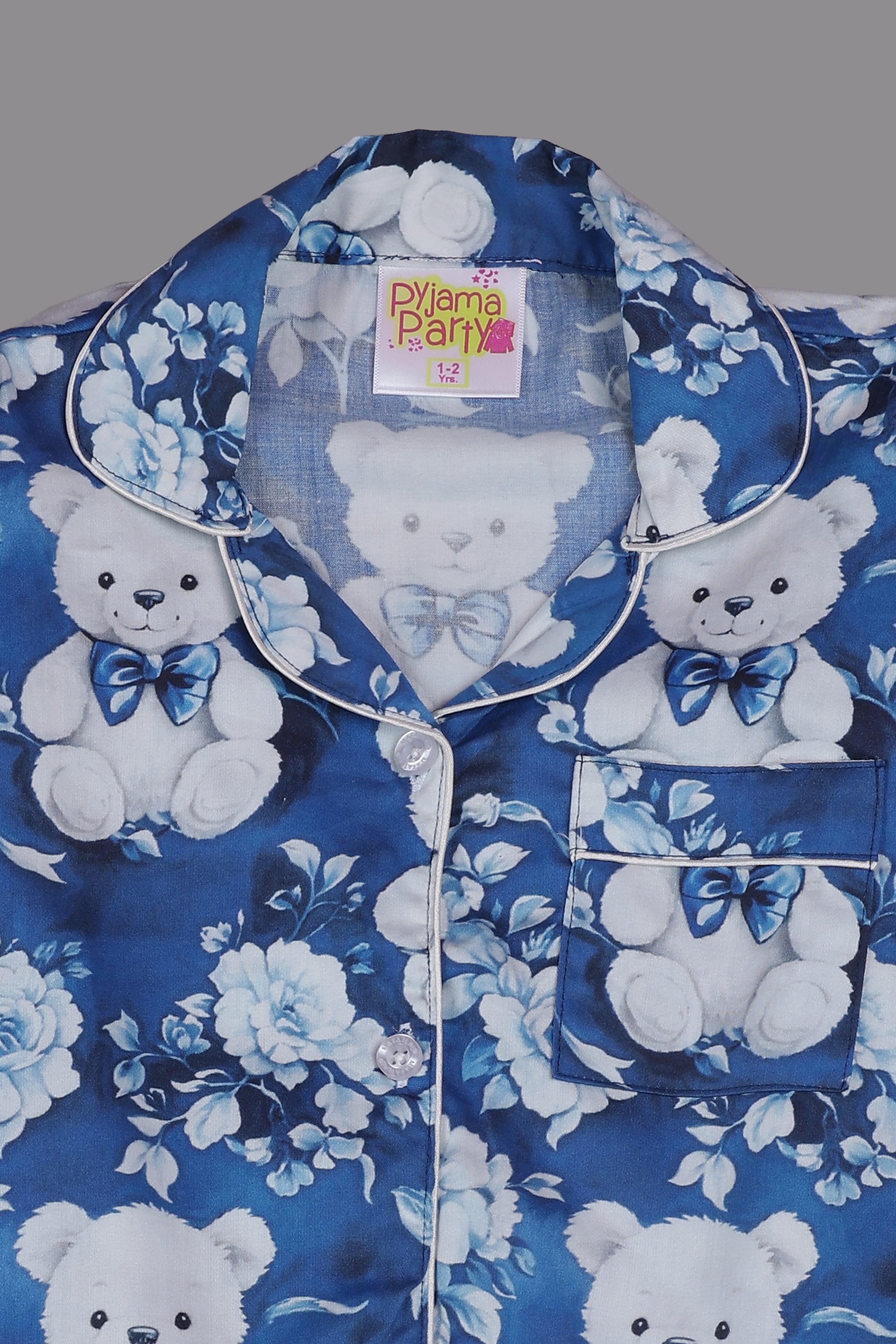 Beary Cute Kids Button Down Pj Set - Pure Cotton Pj Set with Notched Collar