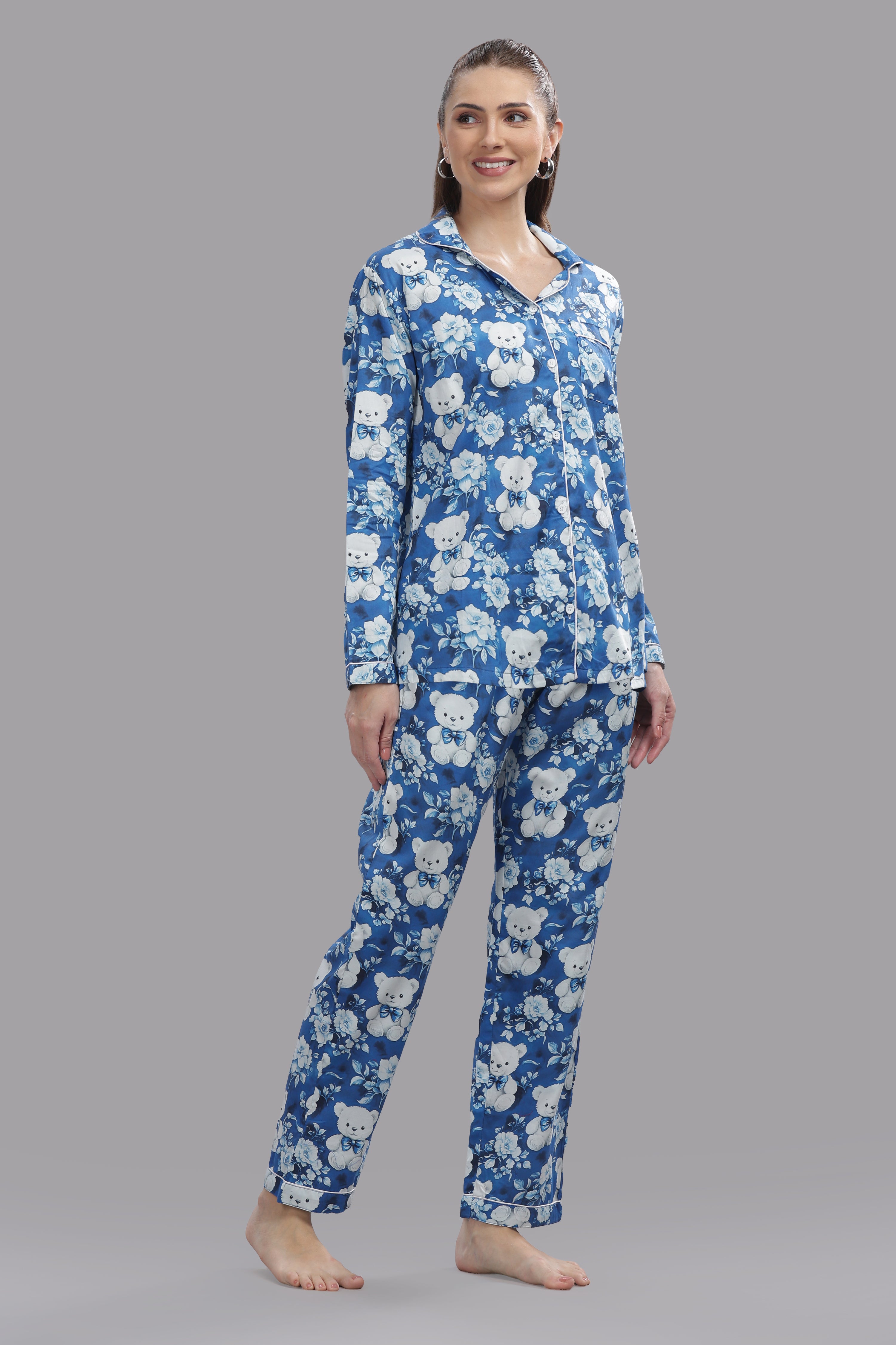 Beary Cute Button Down Pj Set - Pure Cotton Pj Set with Notched Collar
