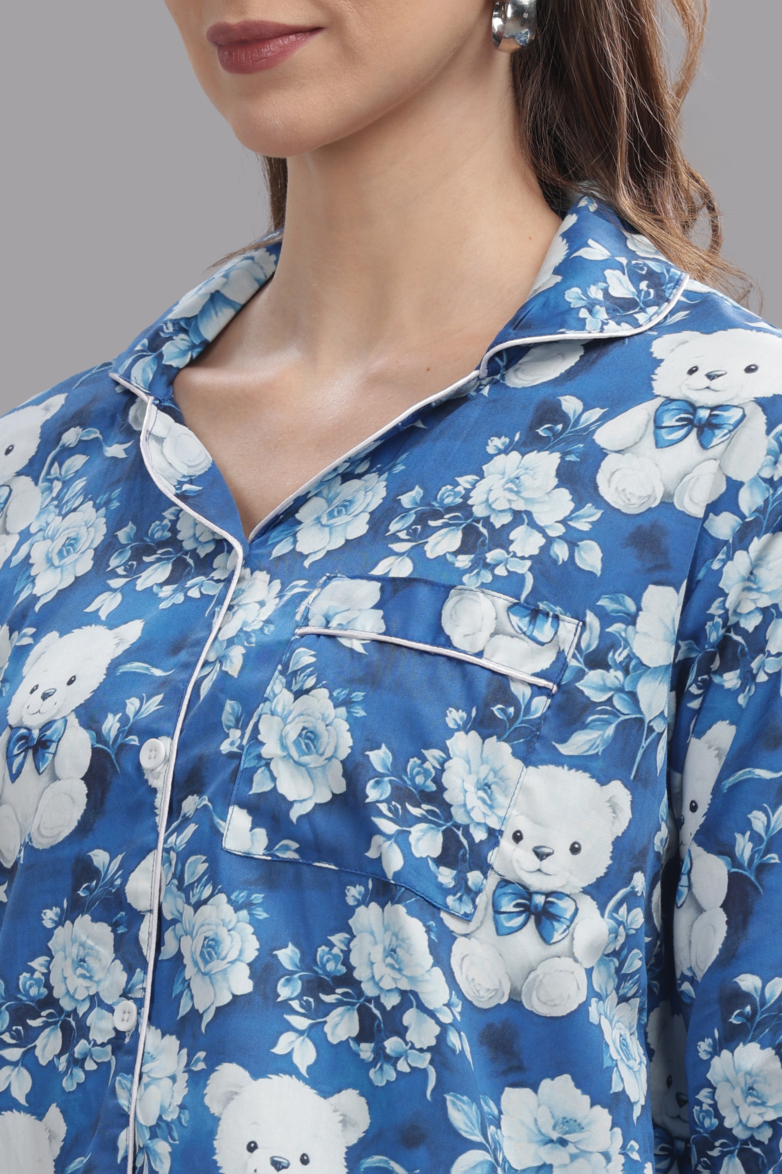 Beary Cute Button Down Pj Set - Pure Cotton Pj Set with Notched Collar