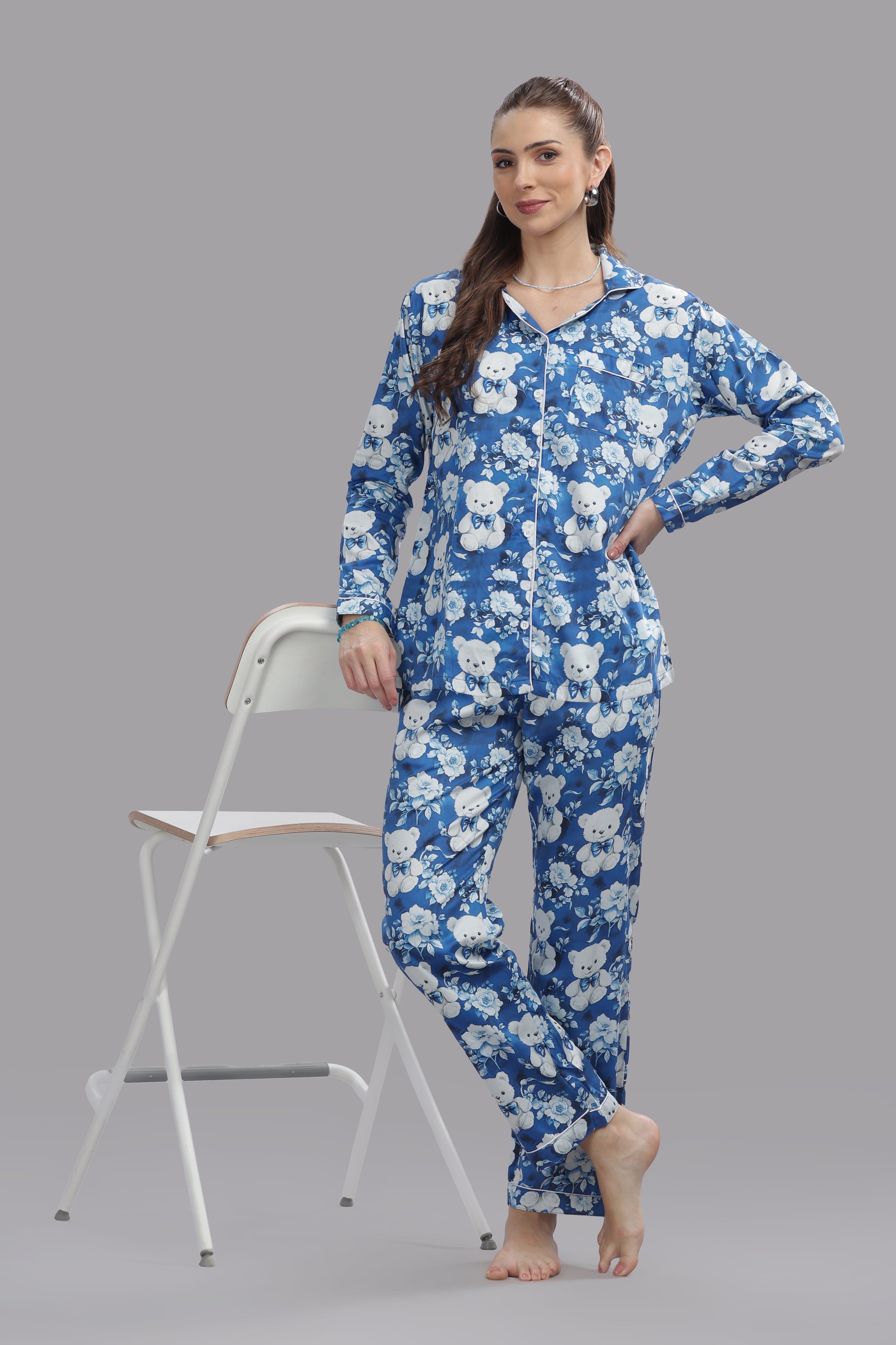 Beary Cute Button Down Pj Set - Pure Cotton Pj Set with Notched Collar