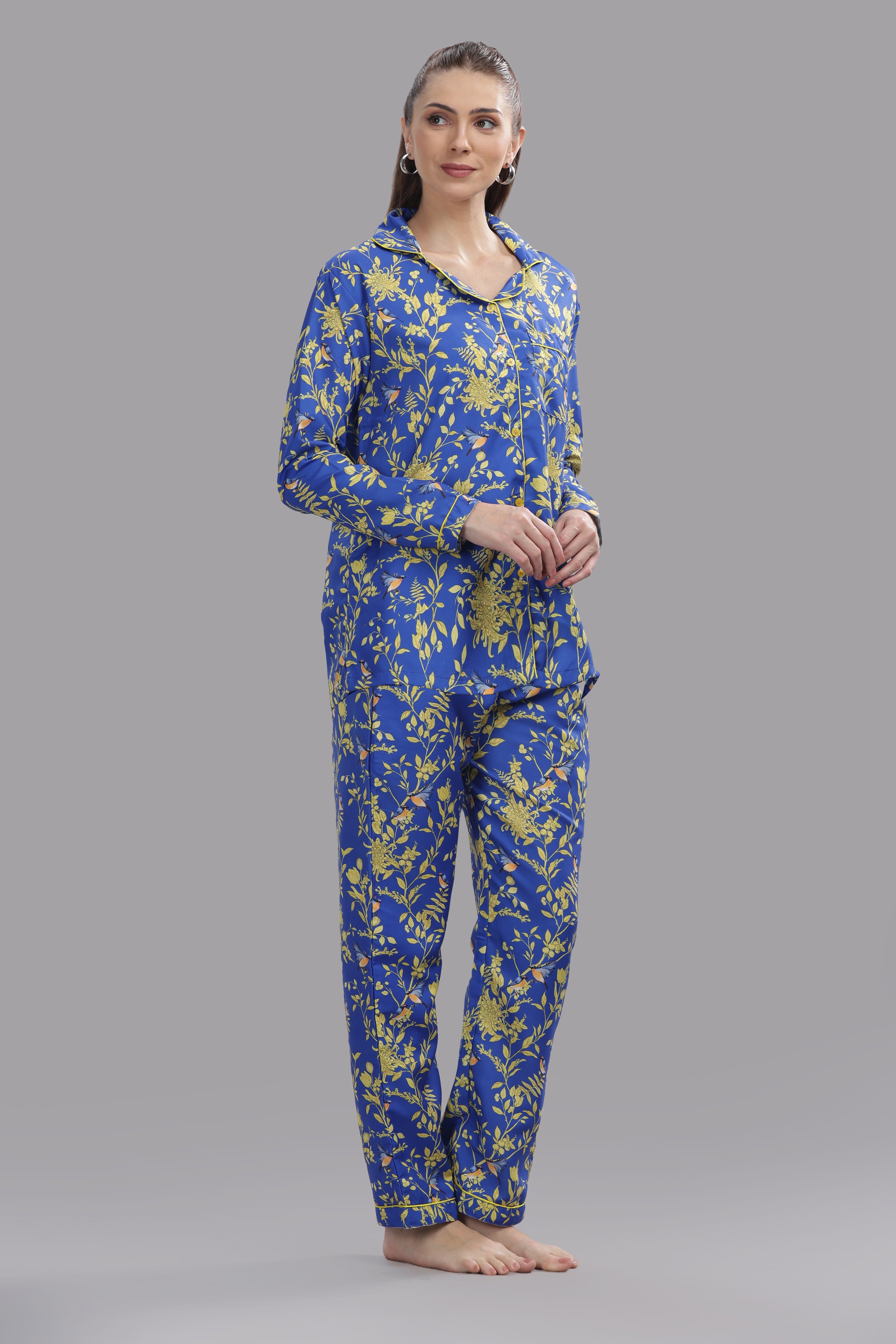 Sunny Blues Button Down Pj Set - Cotton Rayon Pj Set with Notched Collar