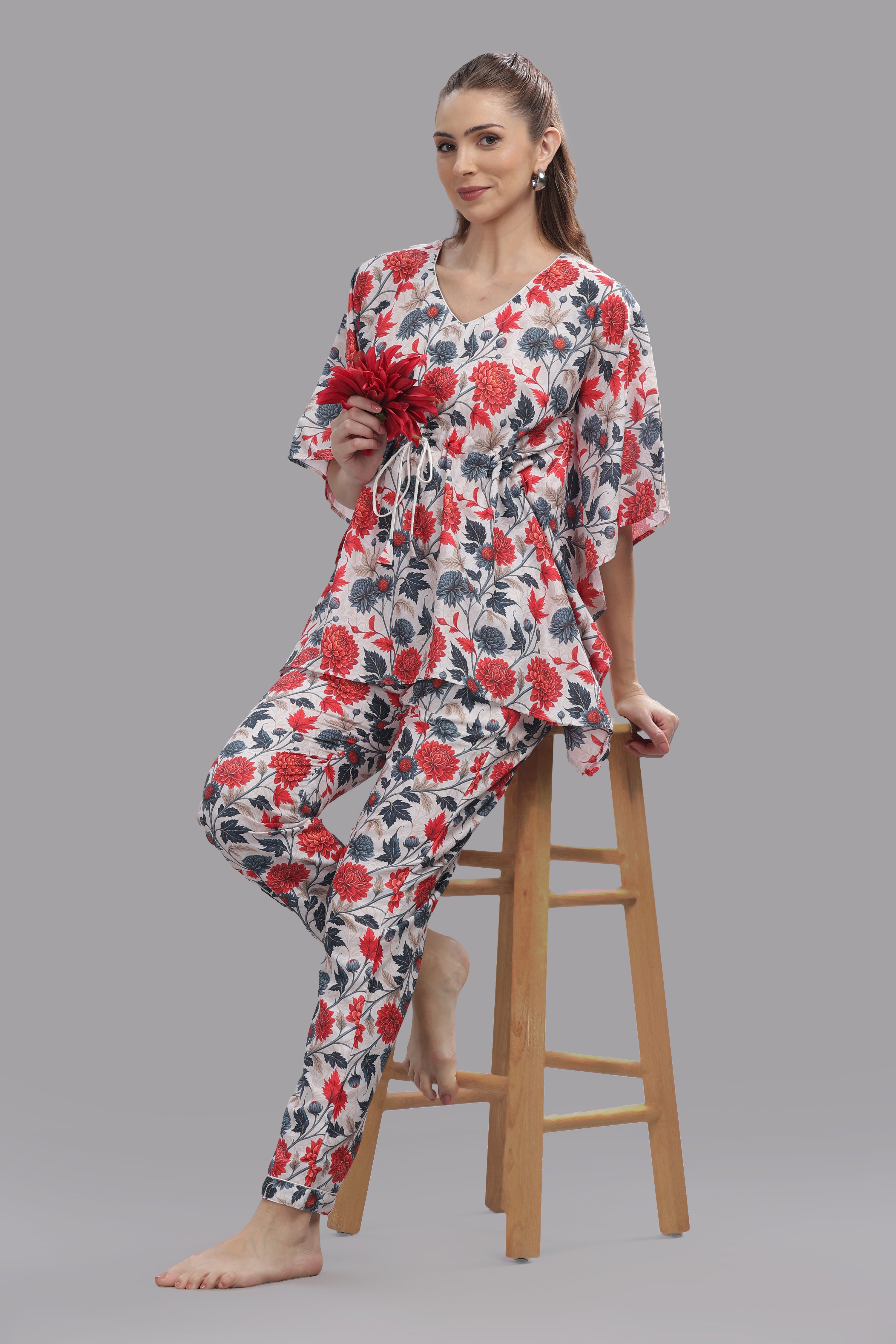 Ruby Petals Kaftan Pj Set - Cotton Rayon Pj Set in Kaftan Style