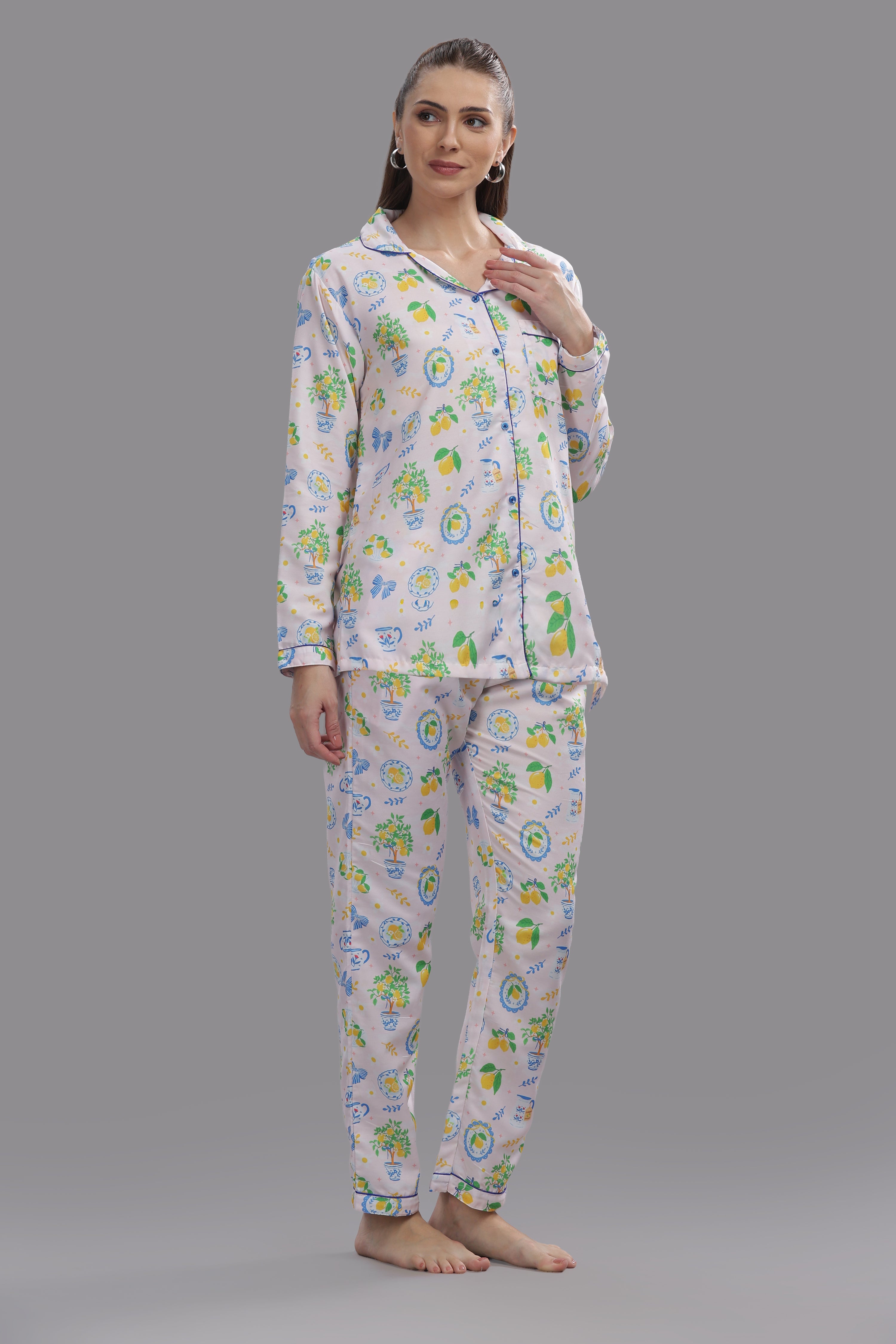 Citrus Bloom Button Down Pj Set - Cotton Rayon Pj Set with Notched Collar