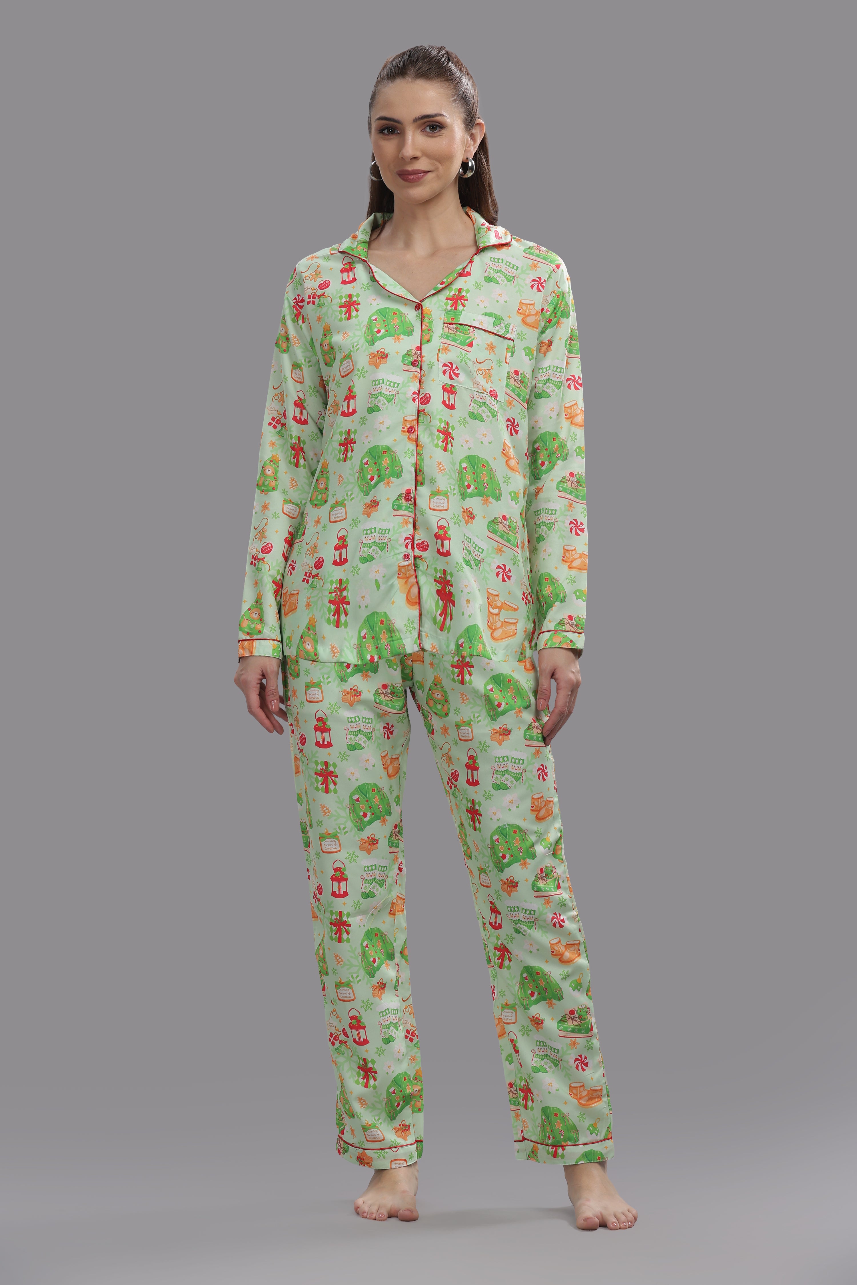 Cozy Christmas Button Down Pj Set - Cotton Rayon Pj Set with Notched Collar