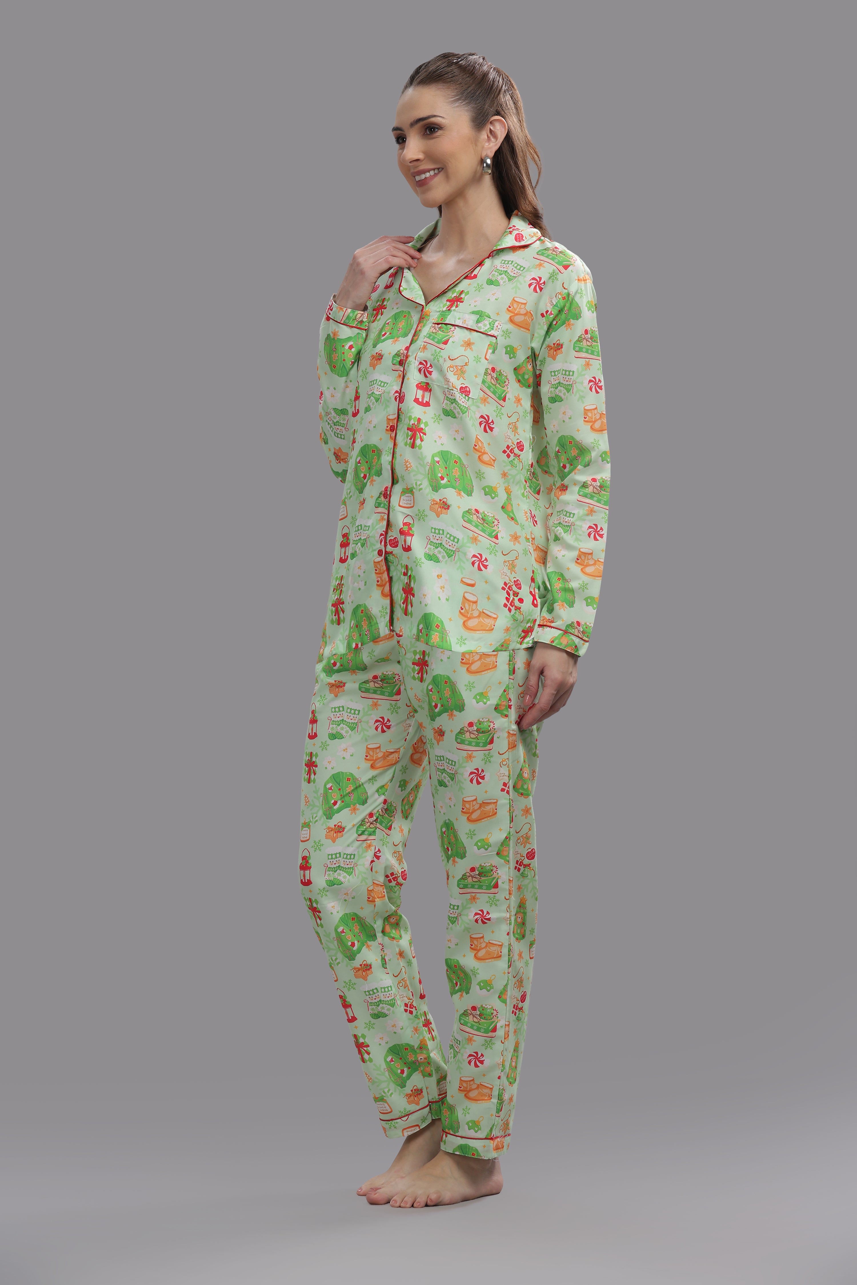Cozy Christmas Button Down Pj Set - Cotton Rayon Pj Set with Notched Collar
