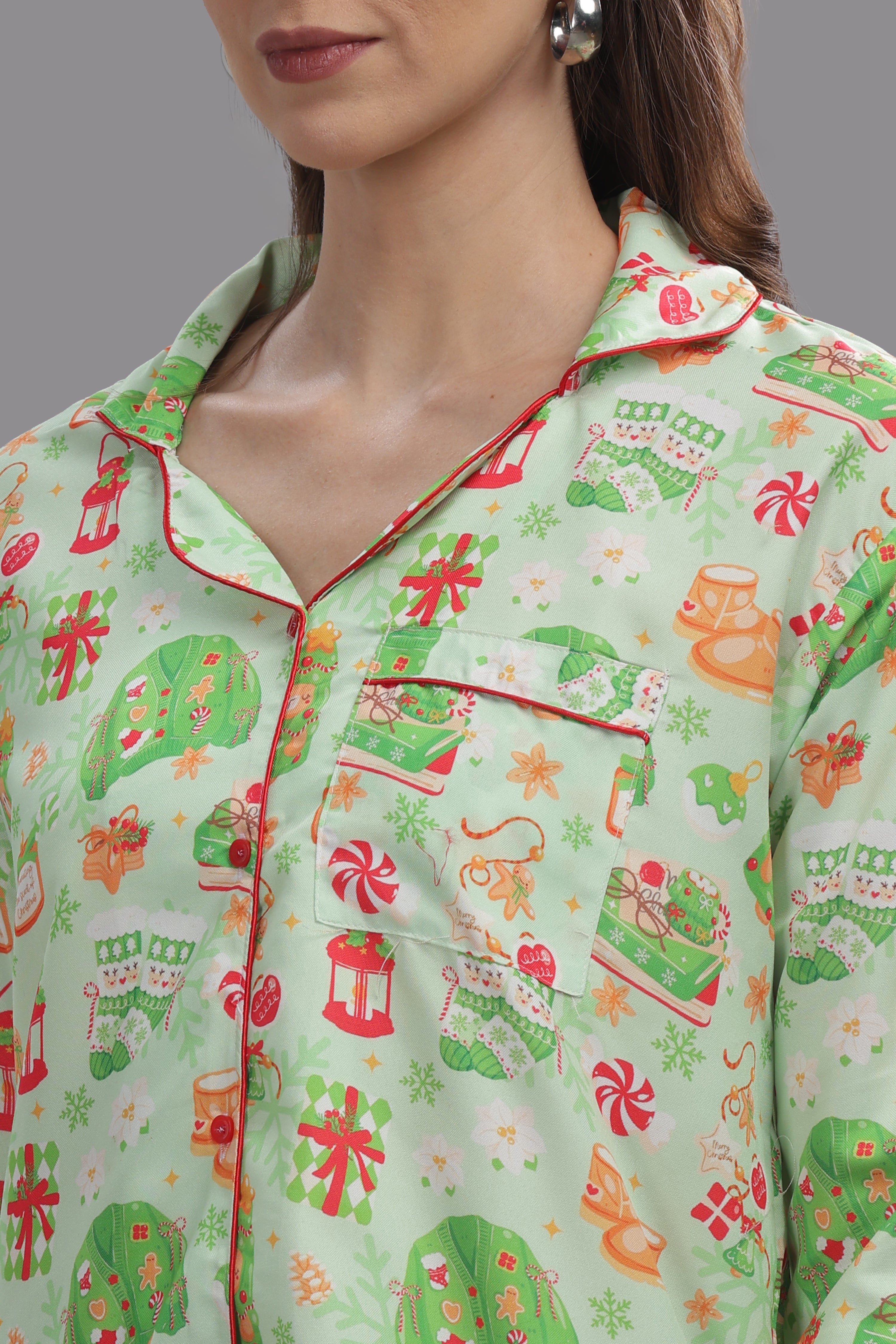 Cozy Christmas Button Down Pj Set - Cotton Rayon Pj Set with Notched Collar
