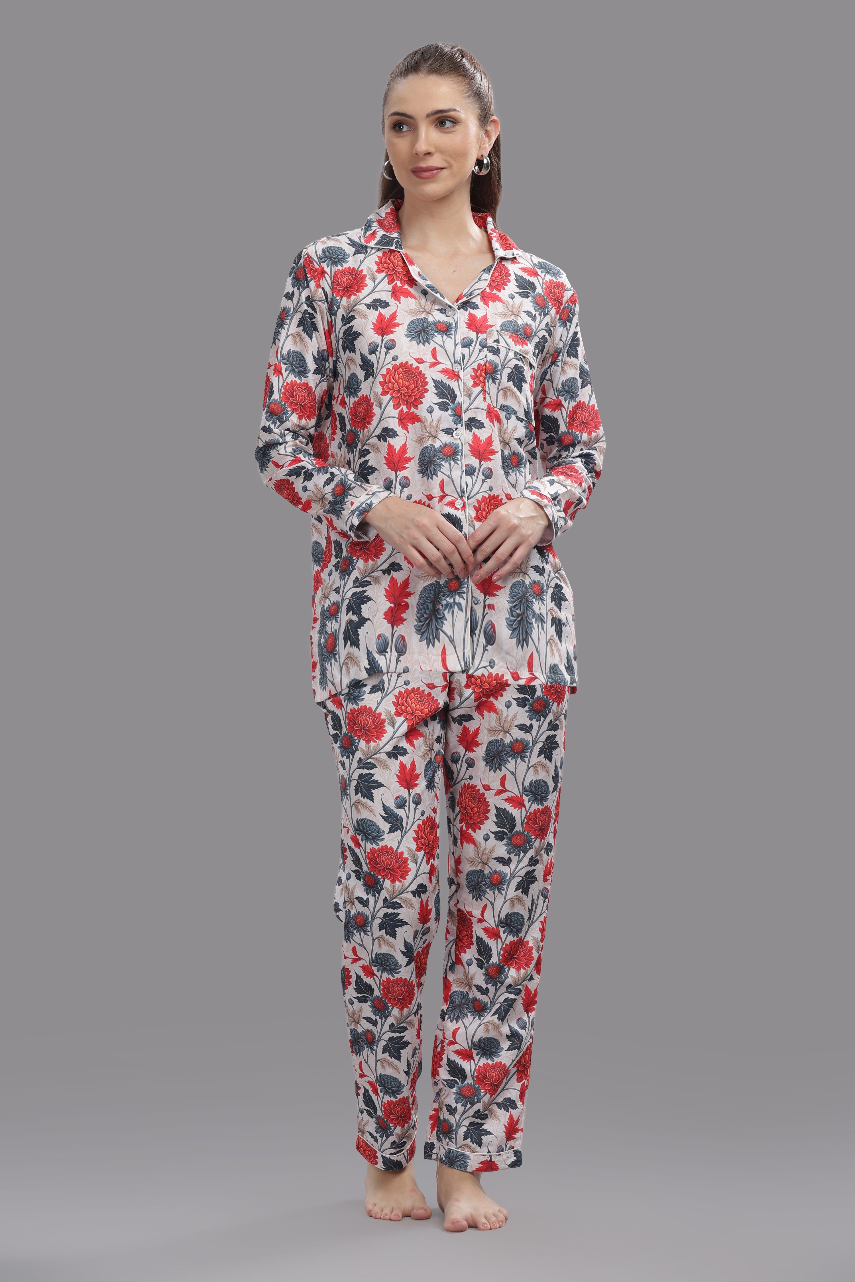 Ruby Petals Button Down Pj Set - Cotton Rayon Pj Set with Notched Collar