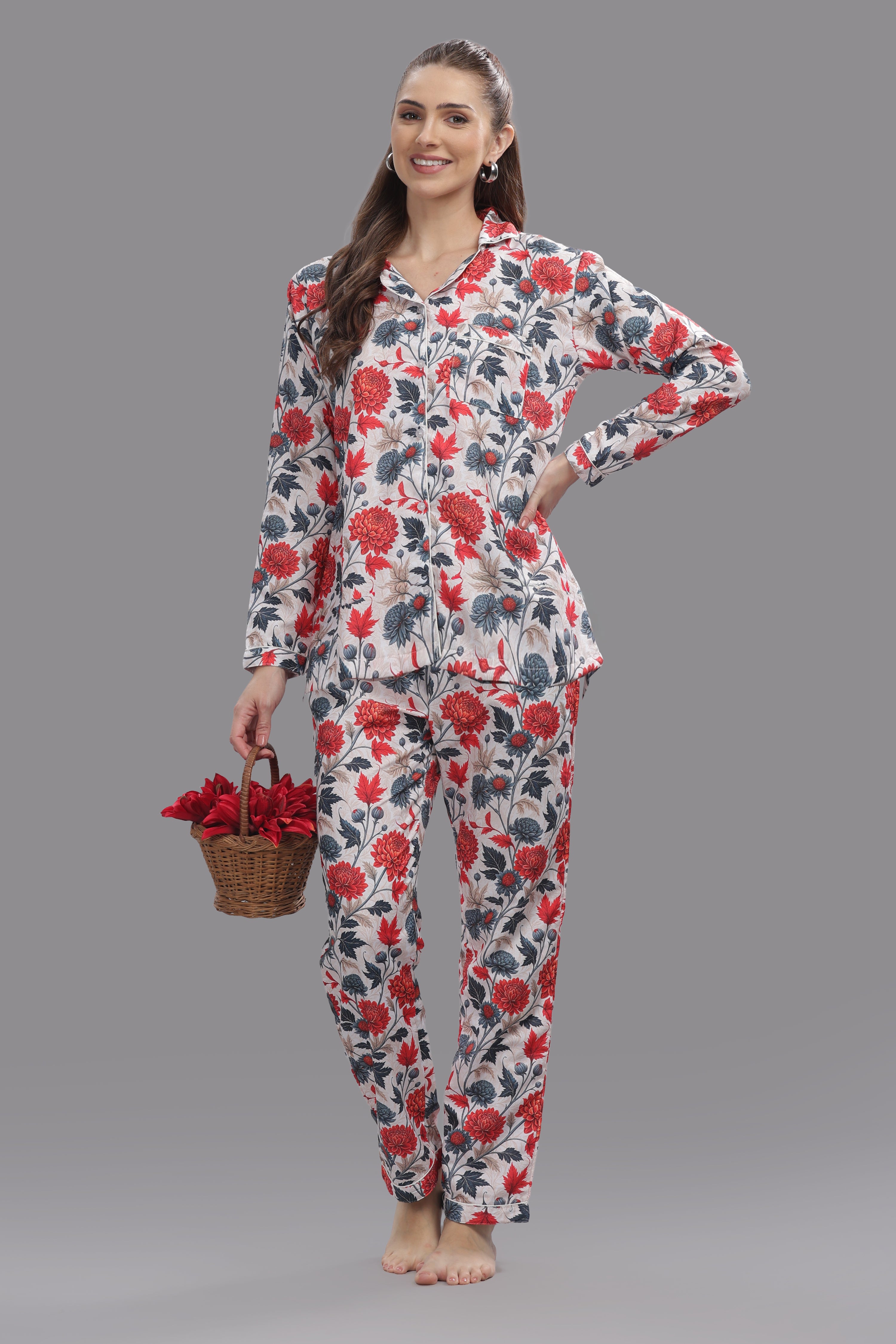 Ruby Petals Button Down Pj Set - Cotton Rayon Pj Set with Notched Collar