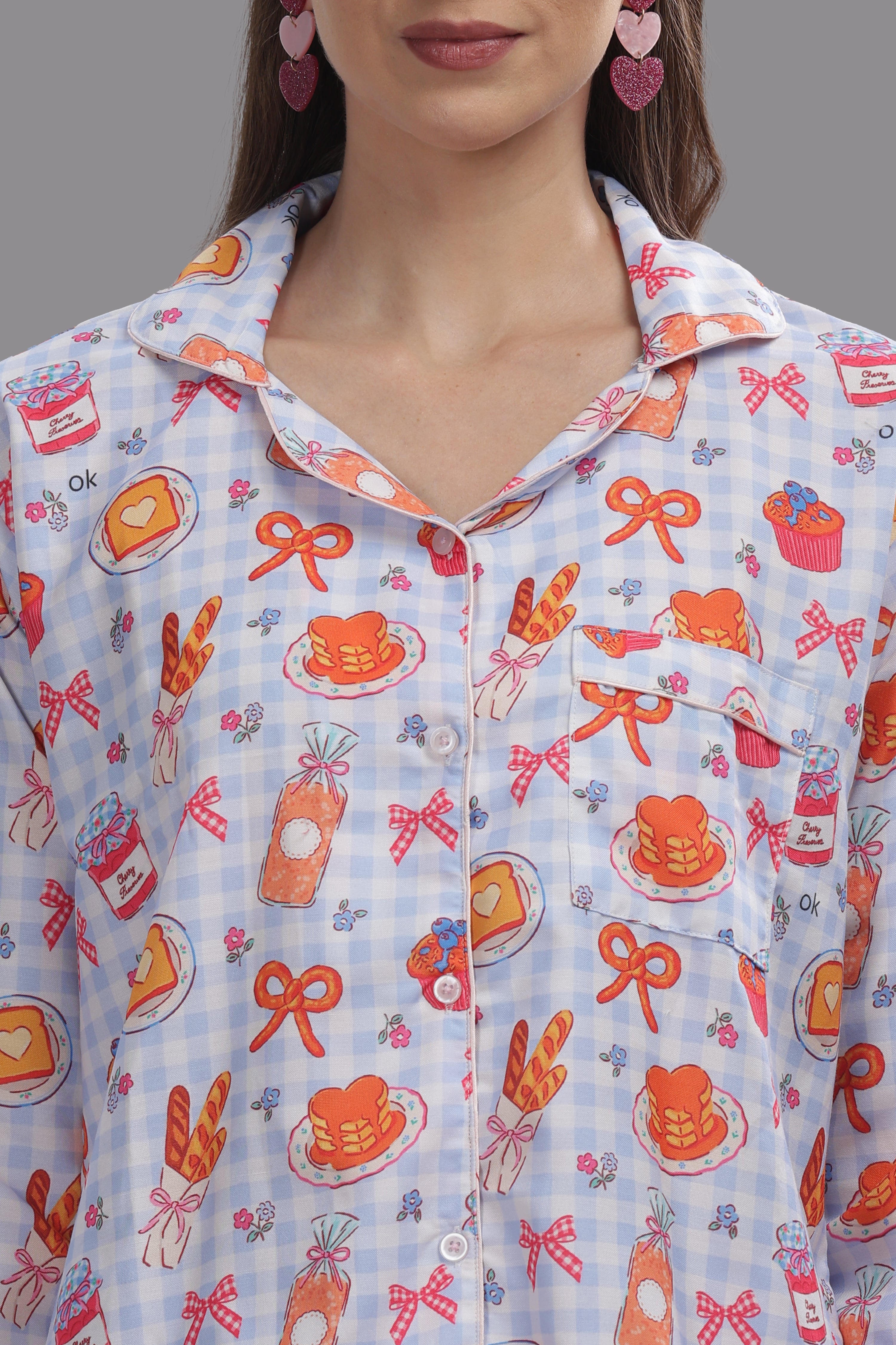 Breakfast Club Button Down Pj Set - Cotton Rayon Pj Set with Notched Collar