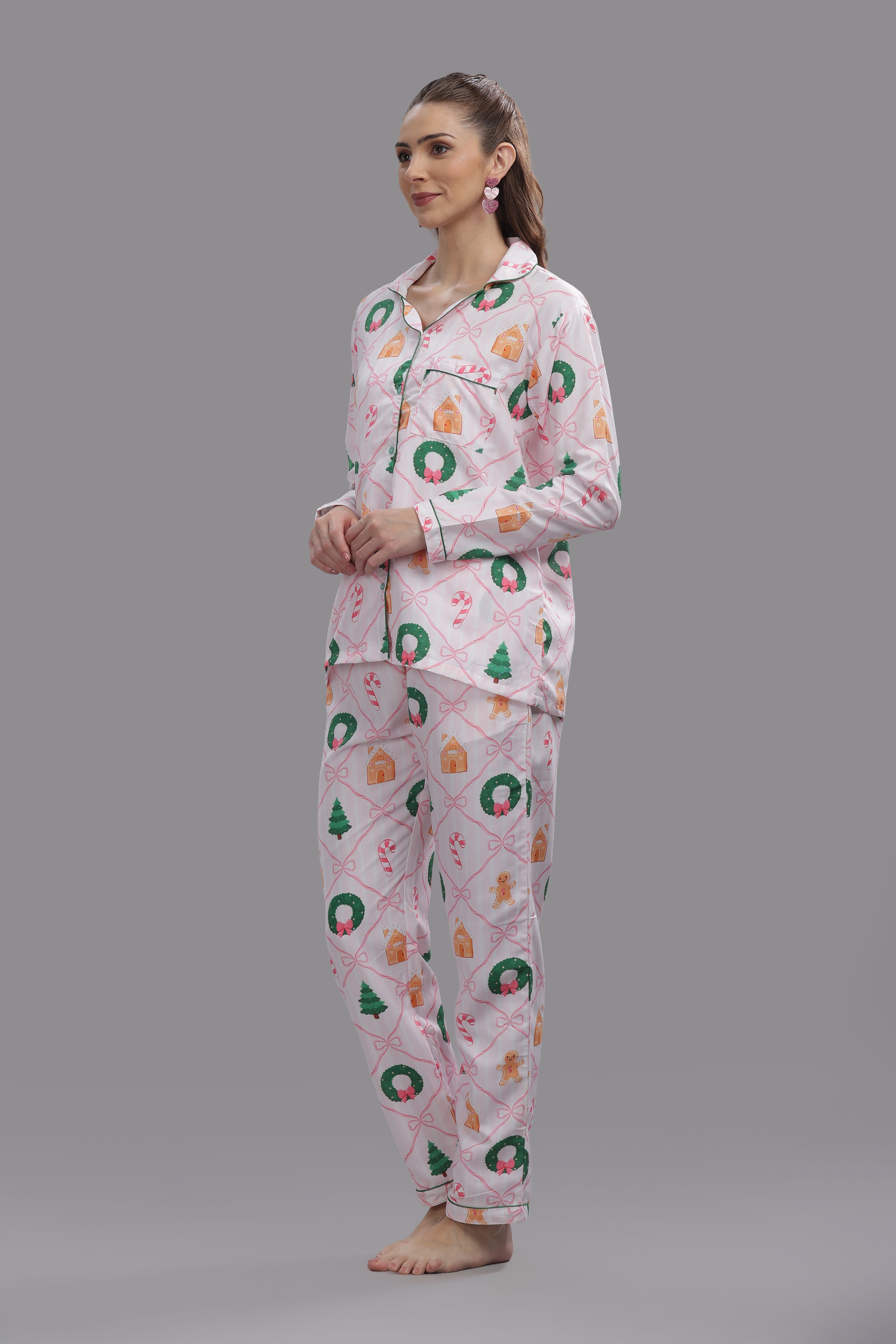 Jolly Ribbons Button Down Pj Set - Cotton Rayon Pj Set with Notched Collar