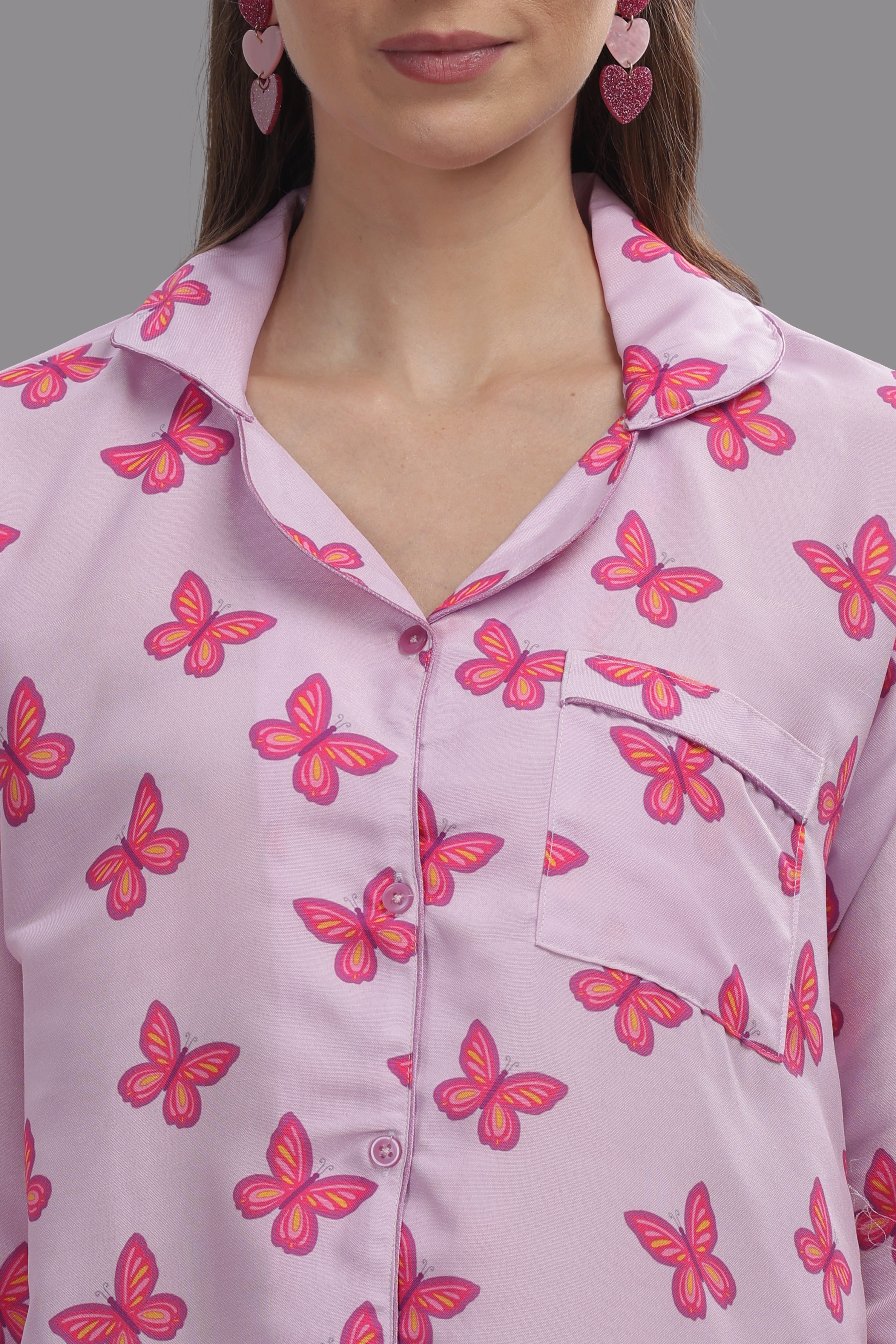 Butterfly Button Down Pj Set - Cotton Rayon Pj Set with Notched Collar
