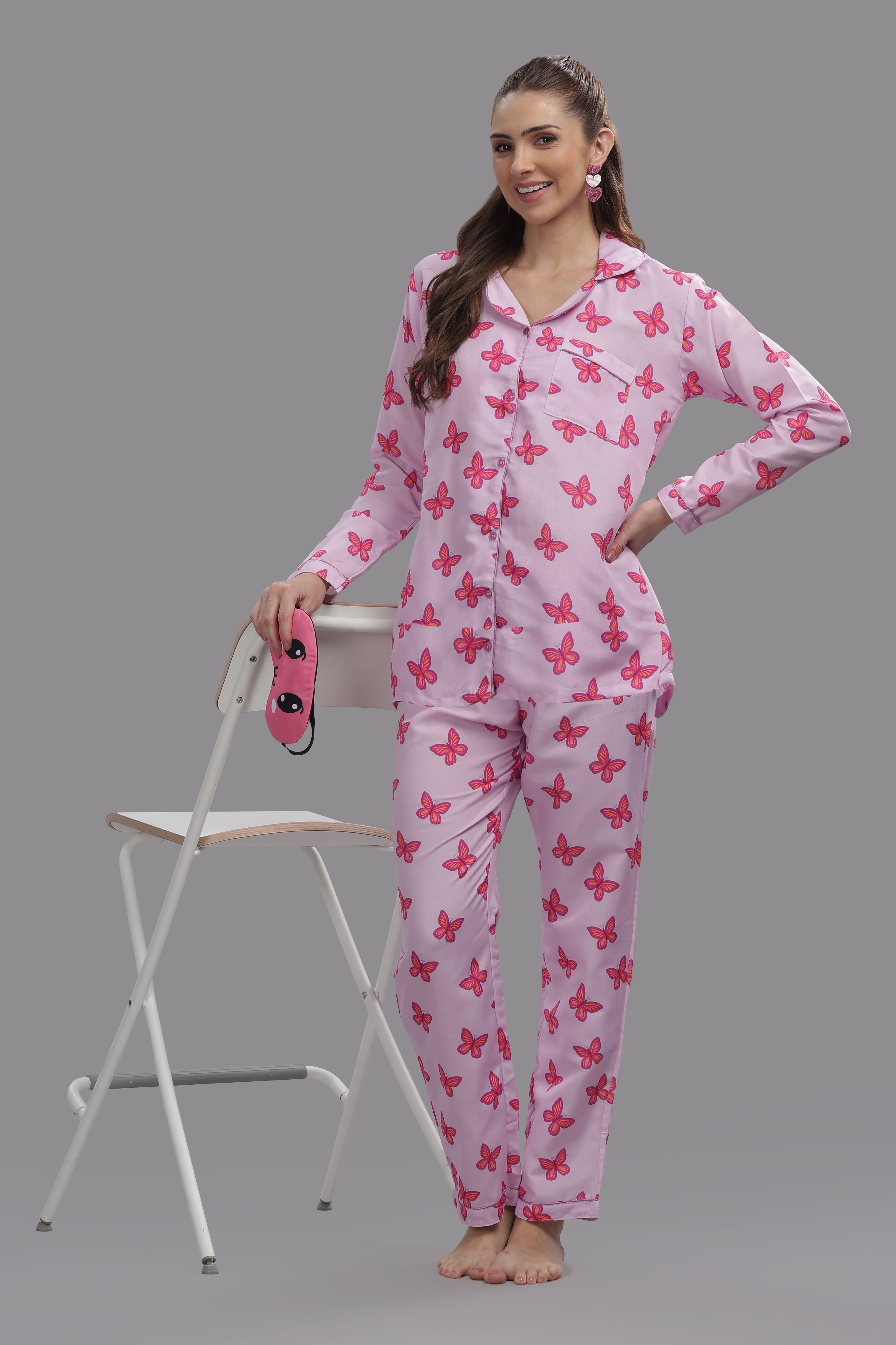 Butterfly Button Down Pj Set - Cotton Rayon Pj Set with Notched Collar