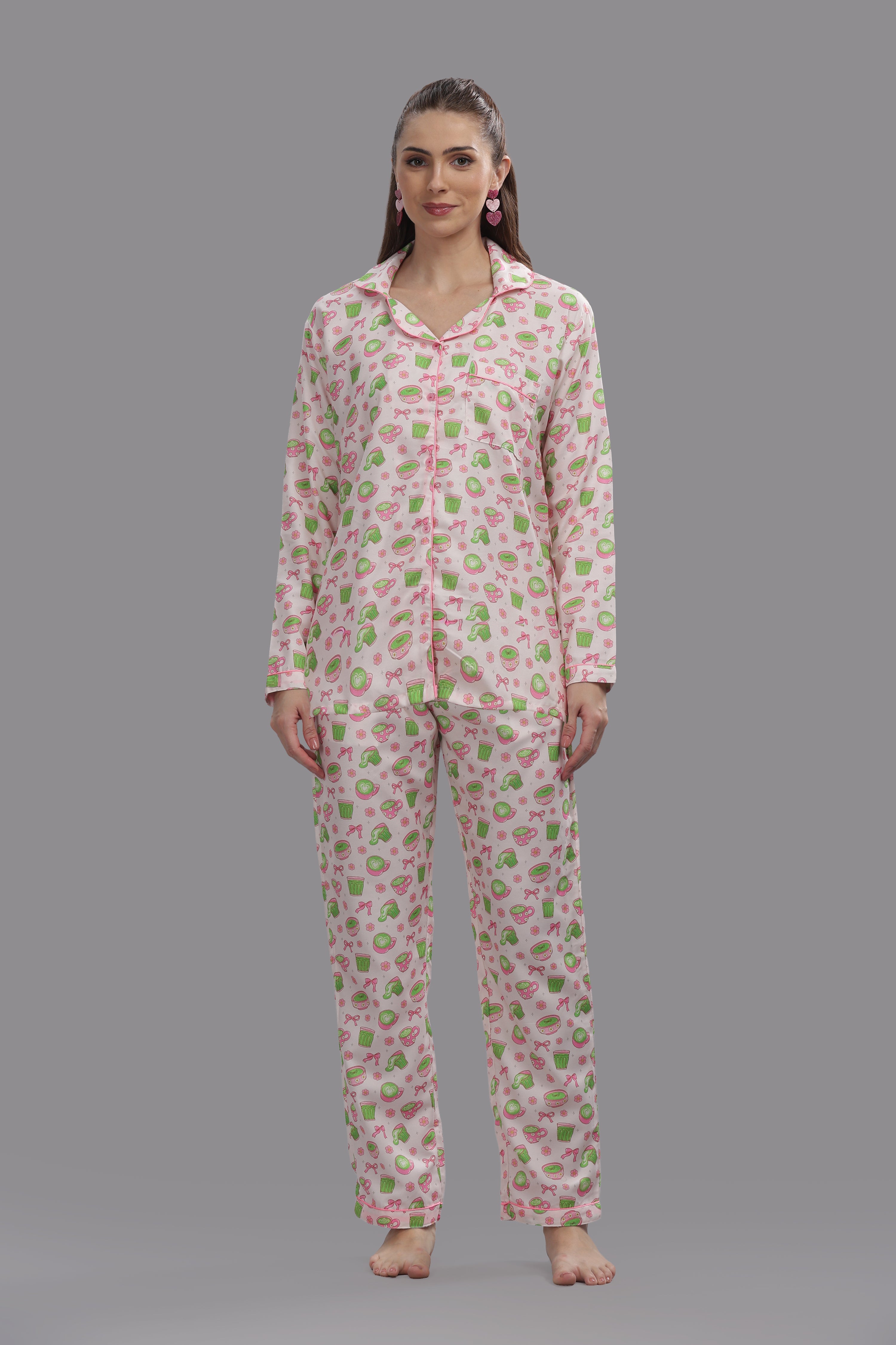 Matcha Button Down Pj Set - Cotton Rayon Pj Set with Notched Collar
