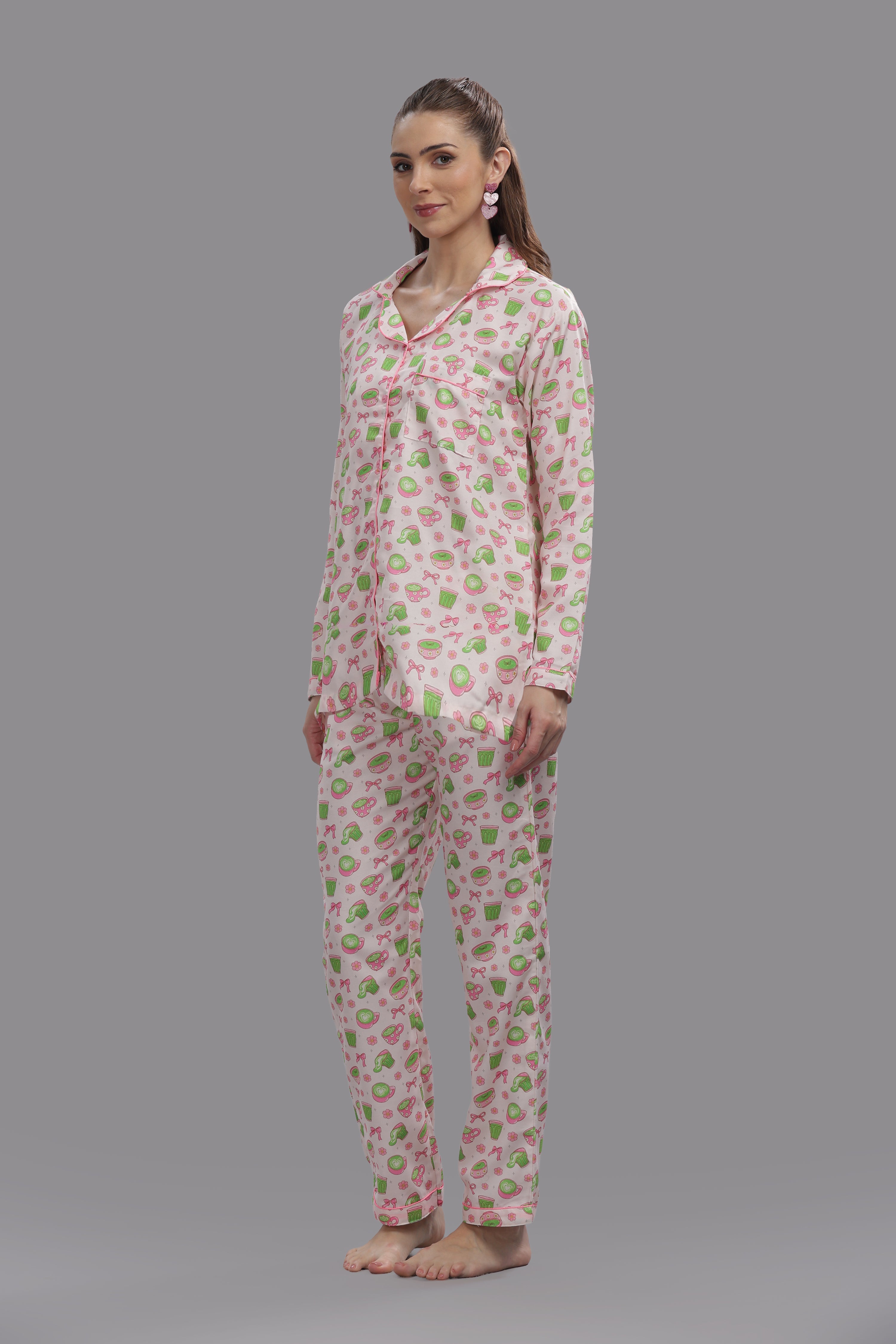 Matcha Button Down Pj Set - Cotton Rayon Pj Set with Notched Collar