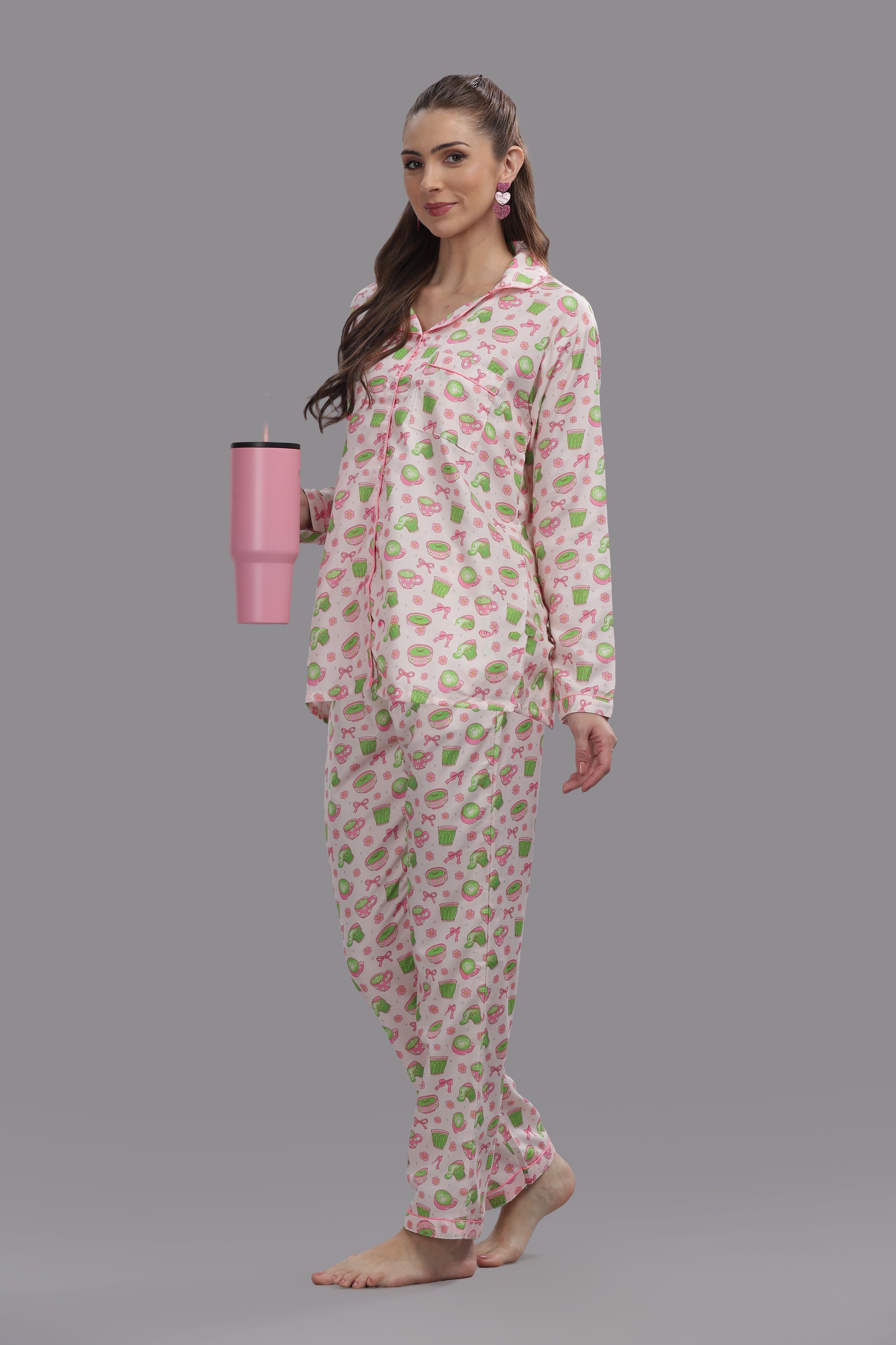 Matcha Button Down Pj Set - Cotton Rayon Pj Set with Notched Collar