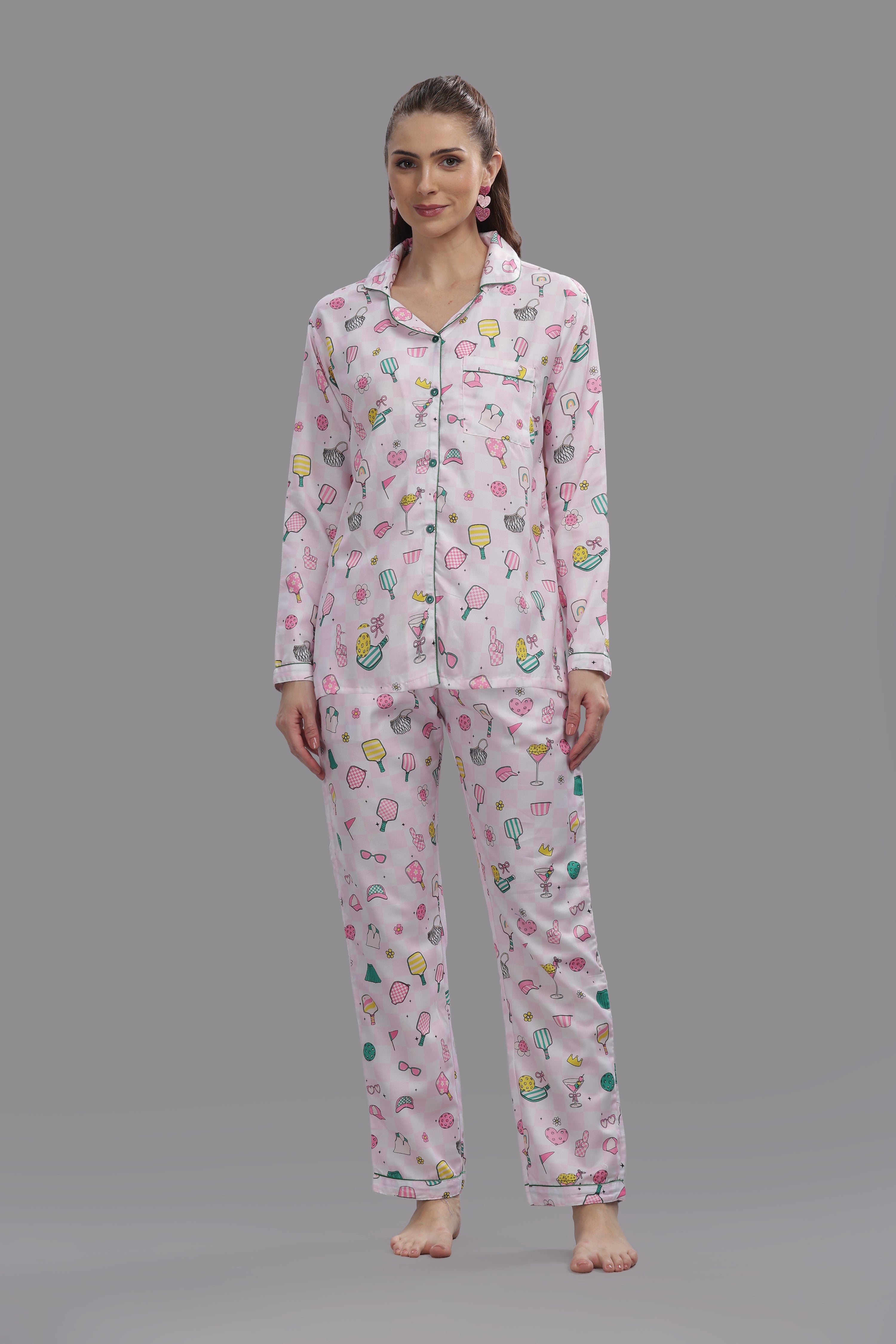 Pickleball Button Down Pj Set - Cotton Rayon Pj Set with Notched Collar