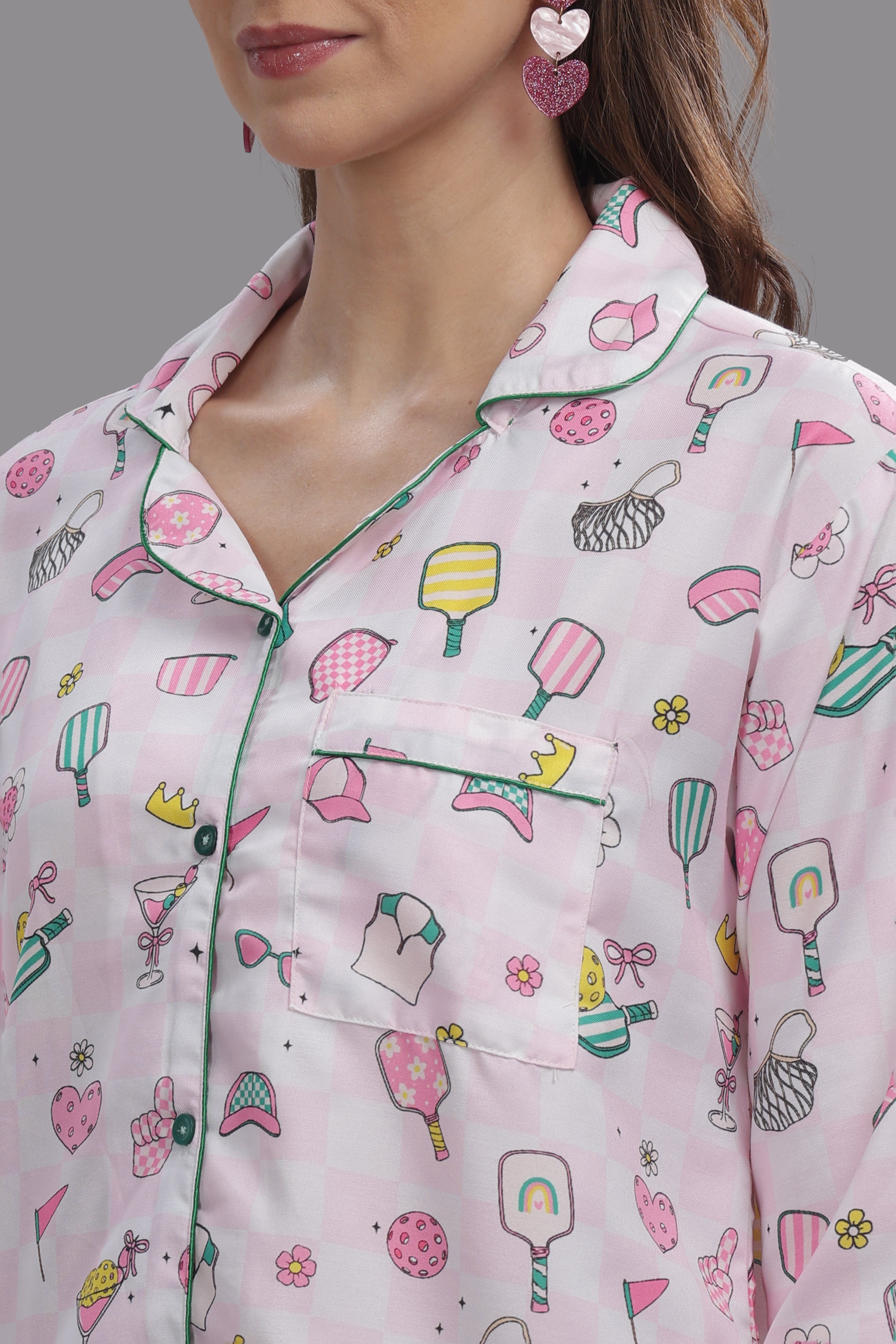 Pickleball Button Down Pj Set - Cotton Rayon Pj Set with Notched Collar