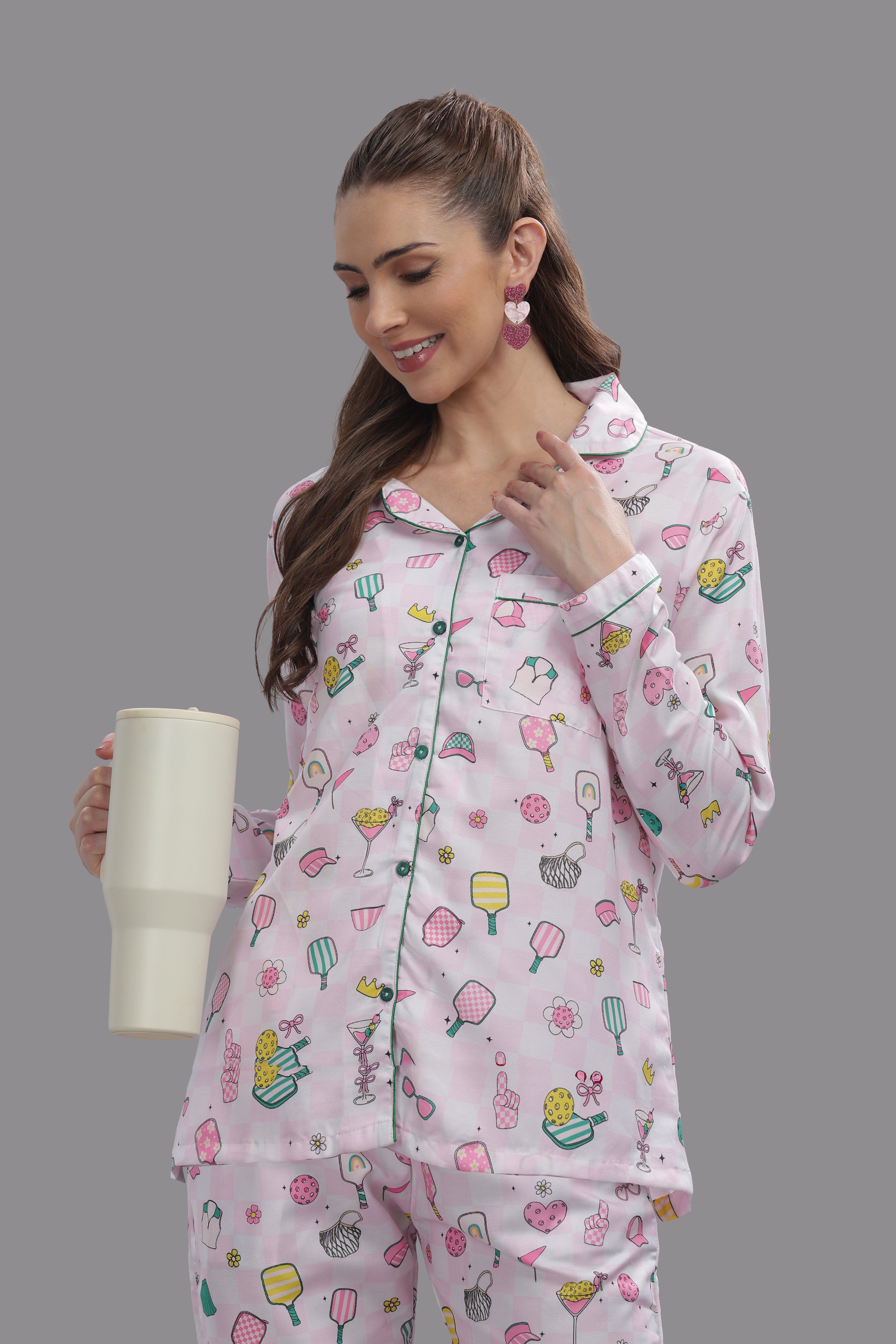 Pickleball Button Down Pj Set - Cotton Rayon Pj Set with Notched Collar