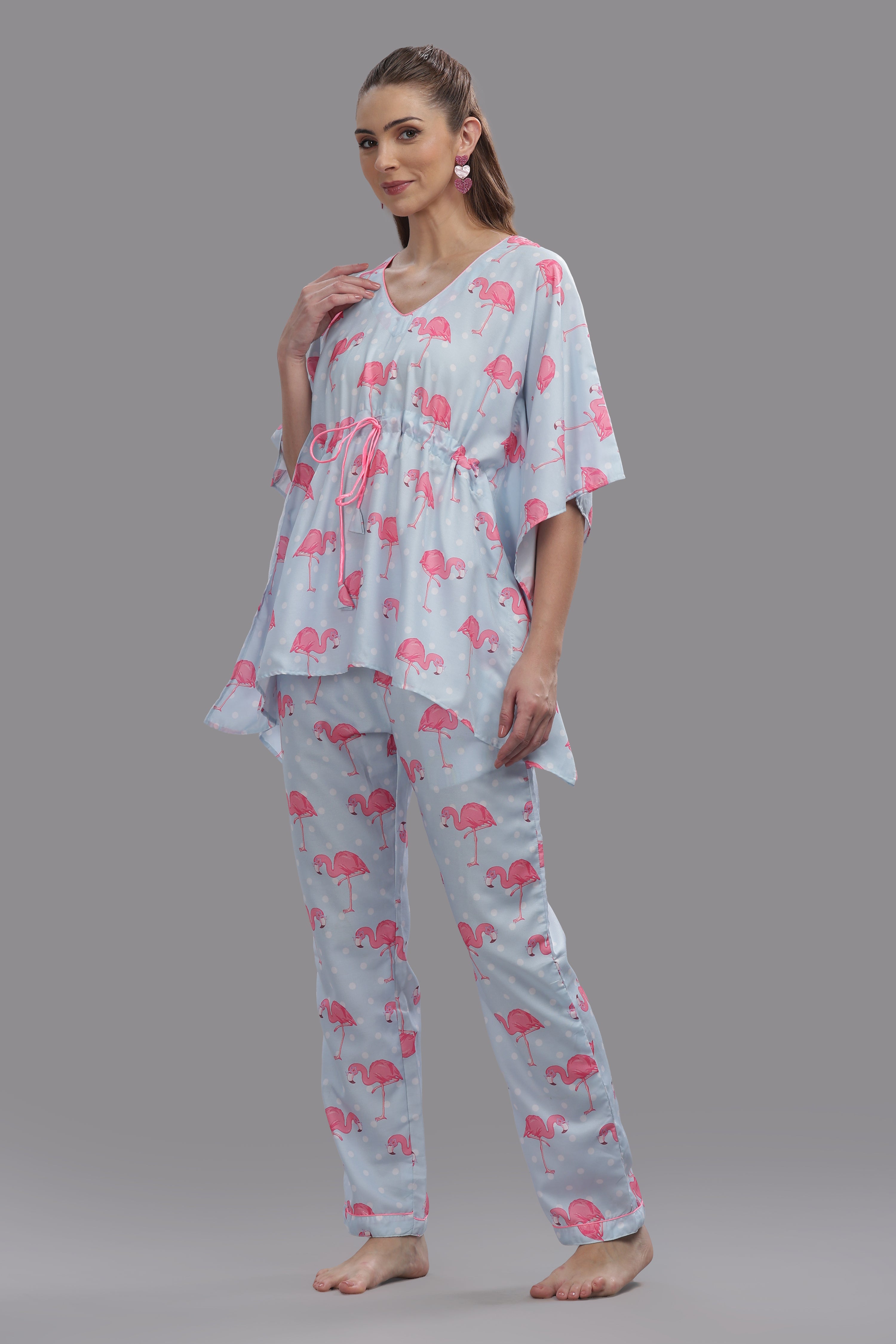 Flamingo and Dots Kaftan Pj Set - Cotton Rayon Pj Set in Kaftan Style