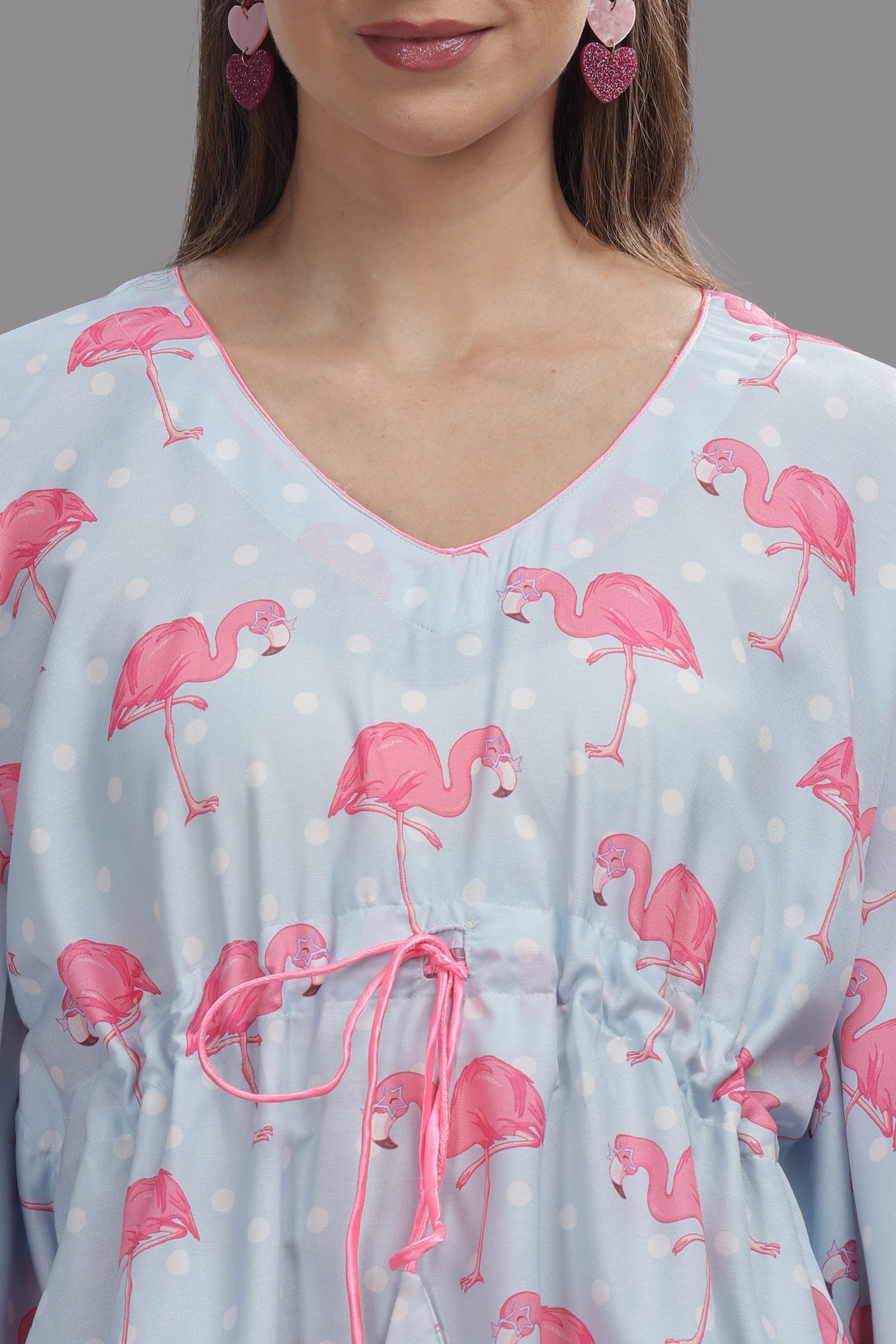 Flamingo and Dots Kaftan Pj Set - Cotton Rayon Pj Set in Kaftan Style