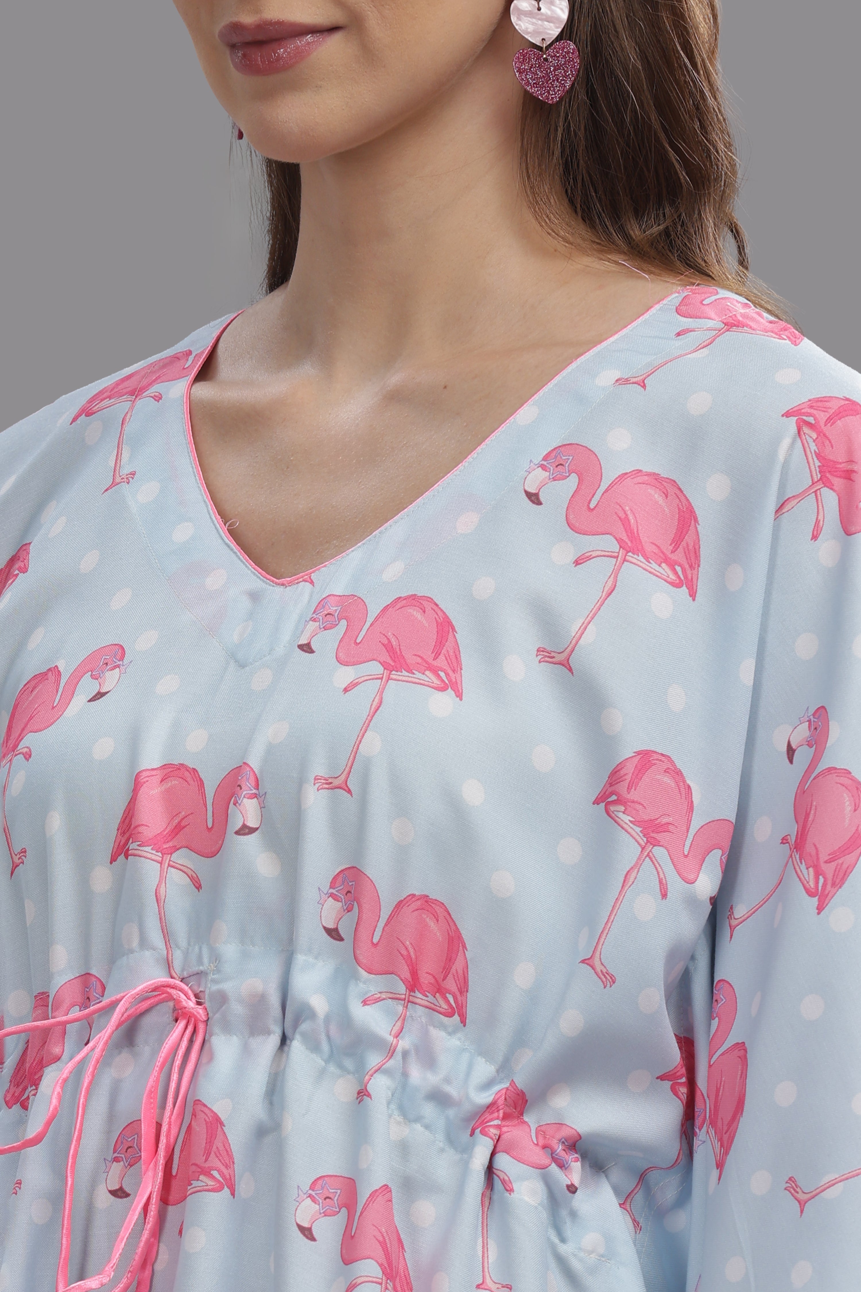 Flamingo and Dots Kaftan Pj Set - Cotton Rayon Pj Set in Kaftan Style