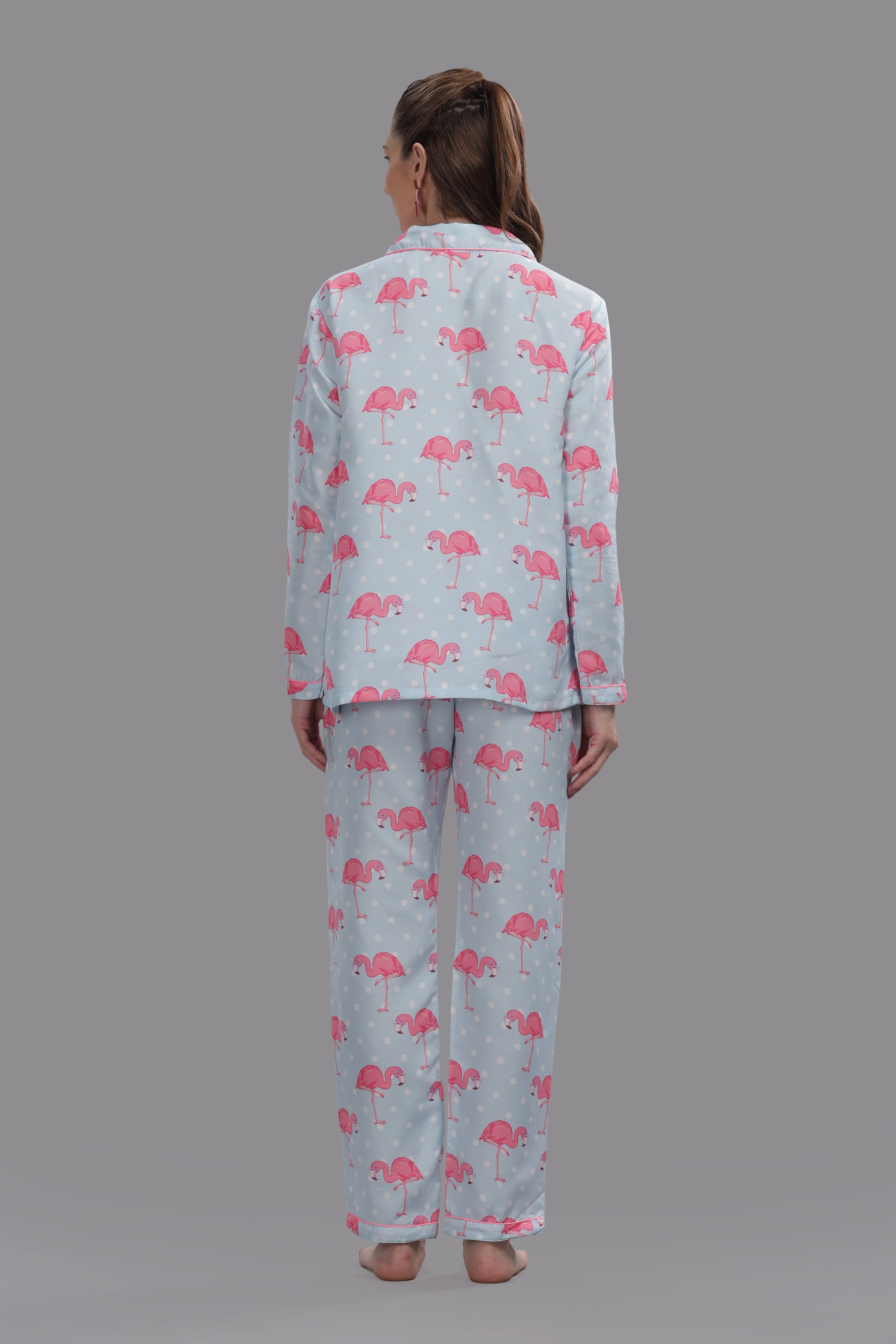 Flamingo & Dots Button Down Pj Set - Cotton Rayon Pj Set with Notched Collar
