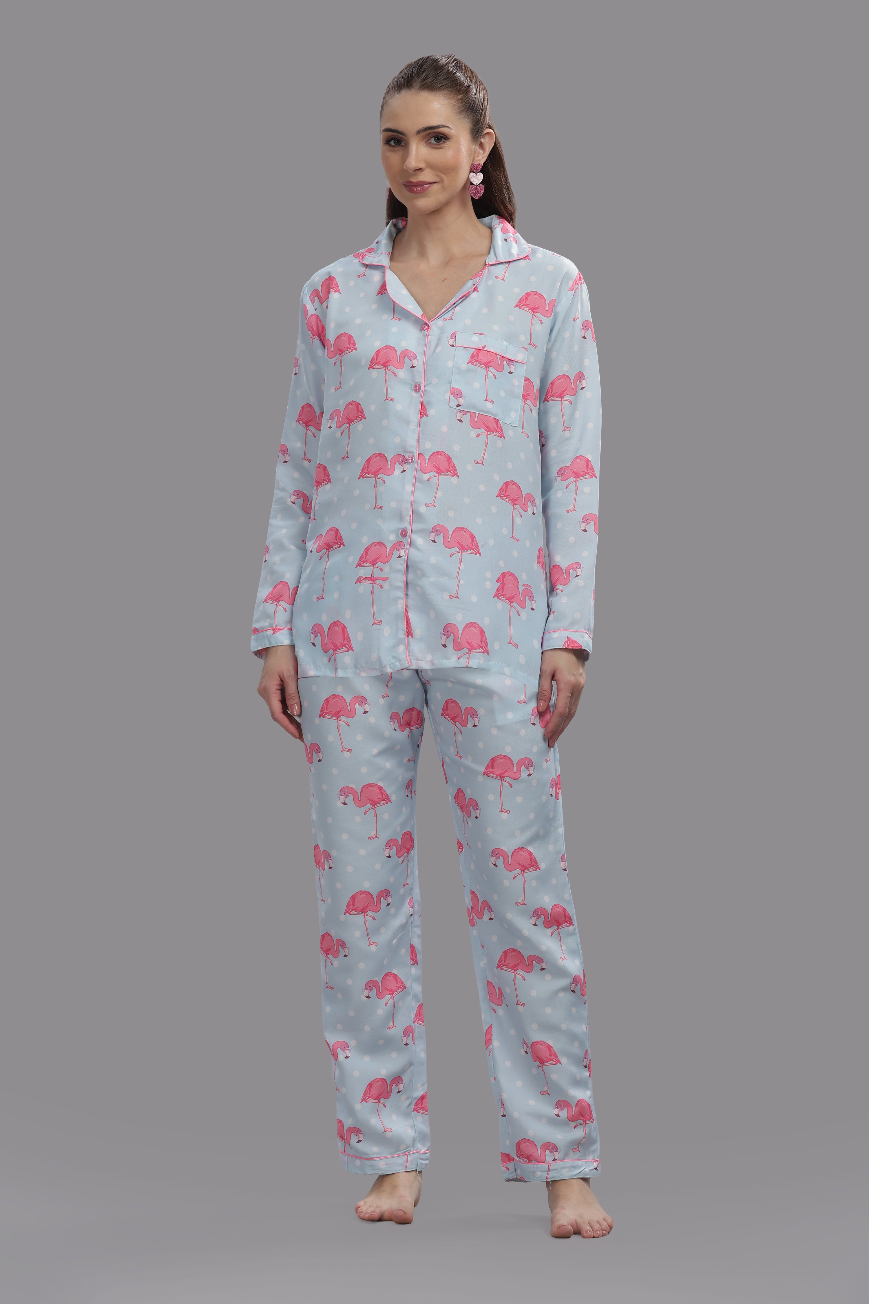 Flamingo & Dots Button Down Pj Set - Cotton Rayon Pj Set with Notched Collar