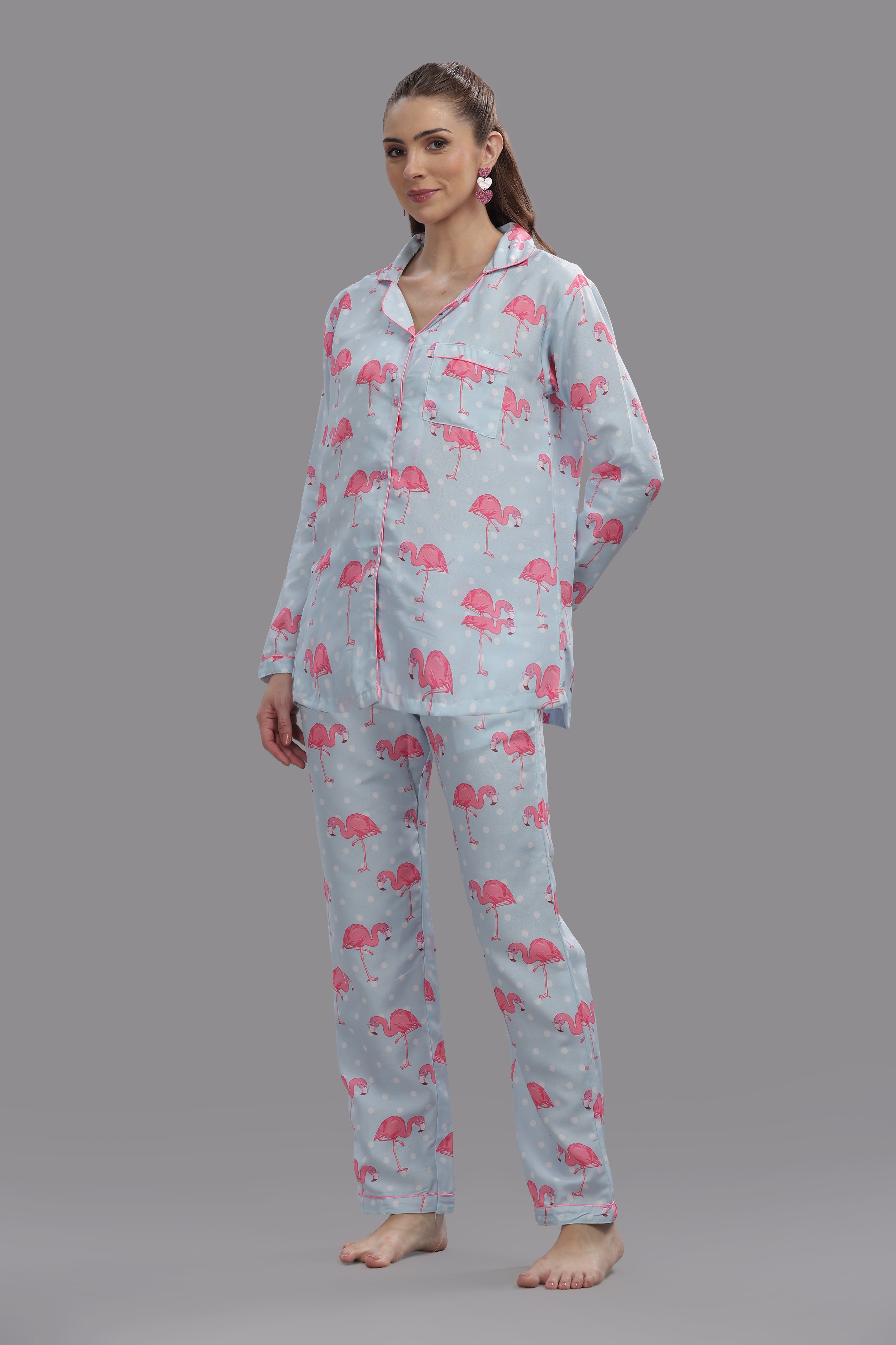 Flamingo & Dots Button Down Pj Set - Cotton Rayon Pj Set with Notched Collar