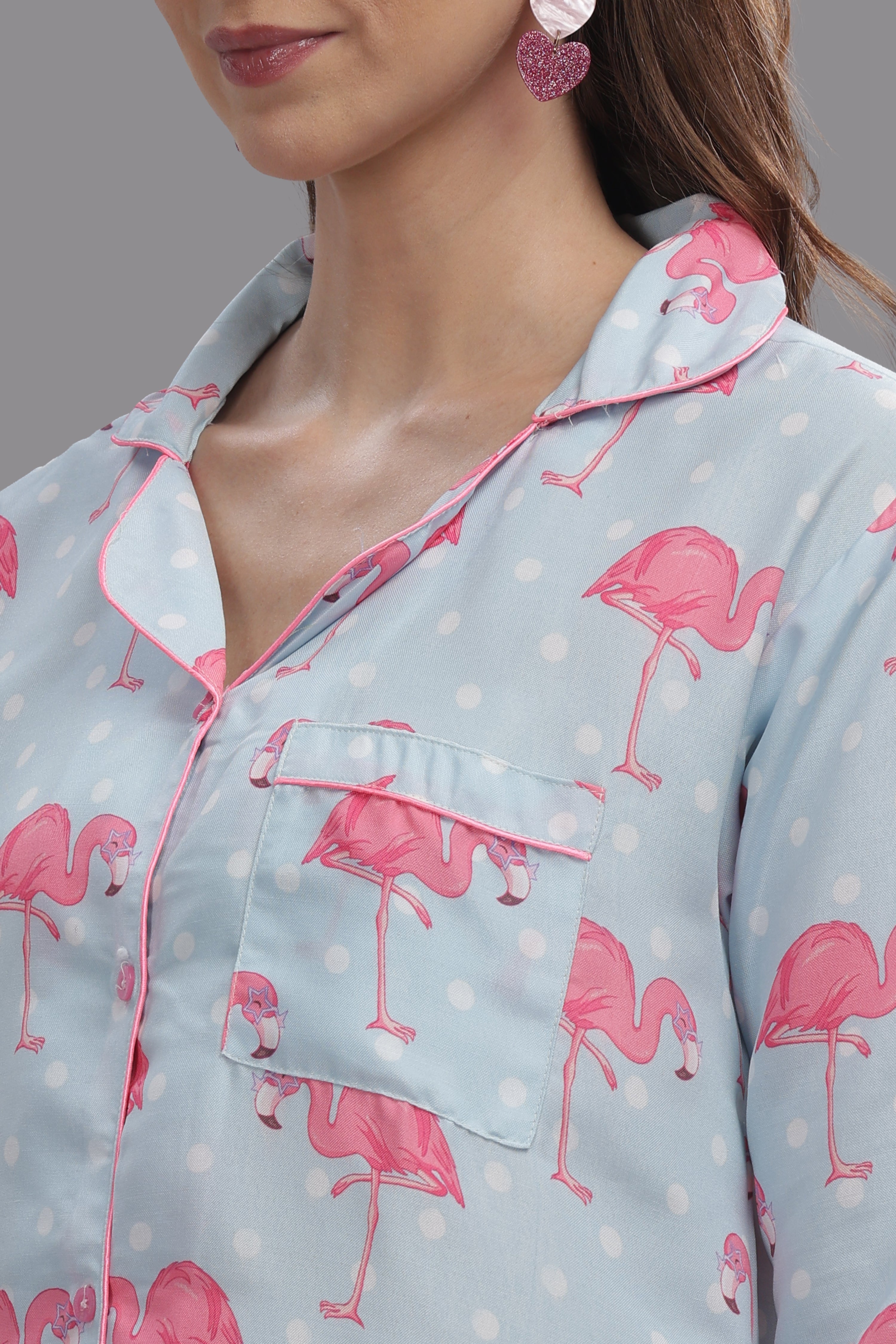 Flamingo & Dots Button Down Pj Set - Cotton Rayon Pj Set with Notched Collar