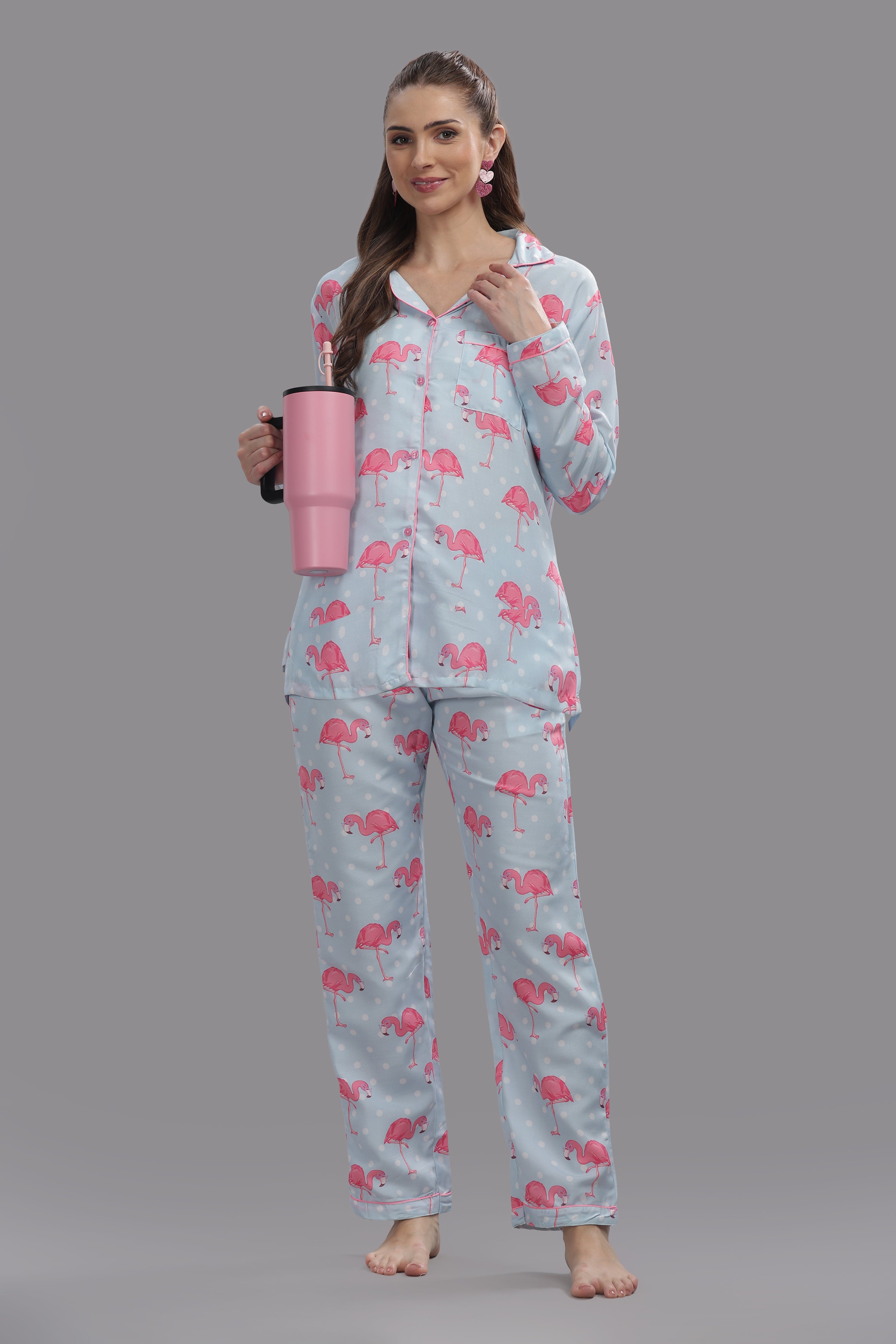 Flamingo & Dots Button Down Pj Set - Cotton Rayon Pj Set with Notched Collar