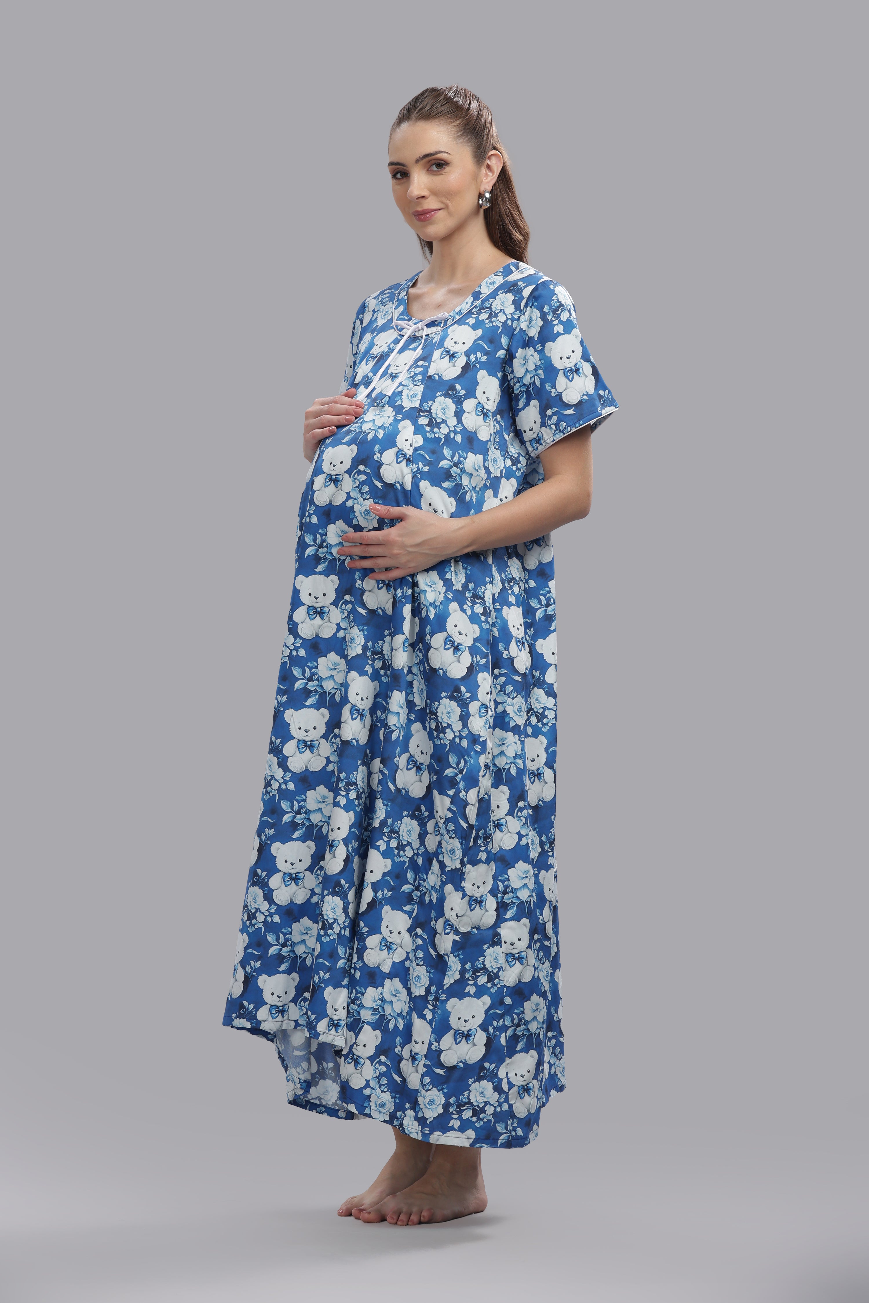 Beary Cute Maternity Gown -Pure Cotton Round Neck Gown with 2 Invisible Zips for Feeding