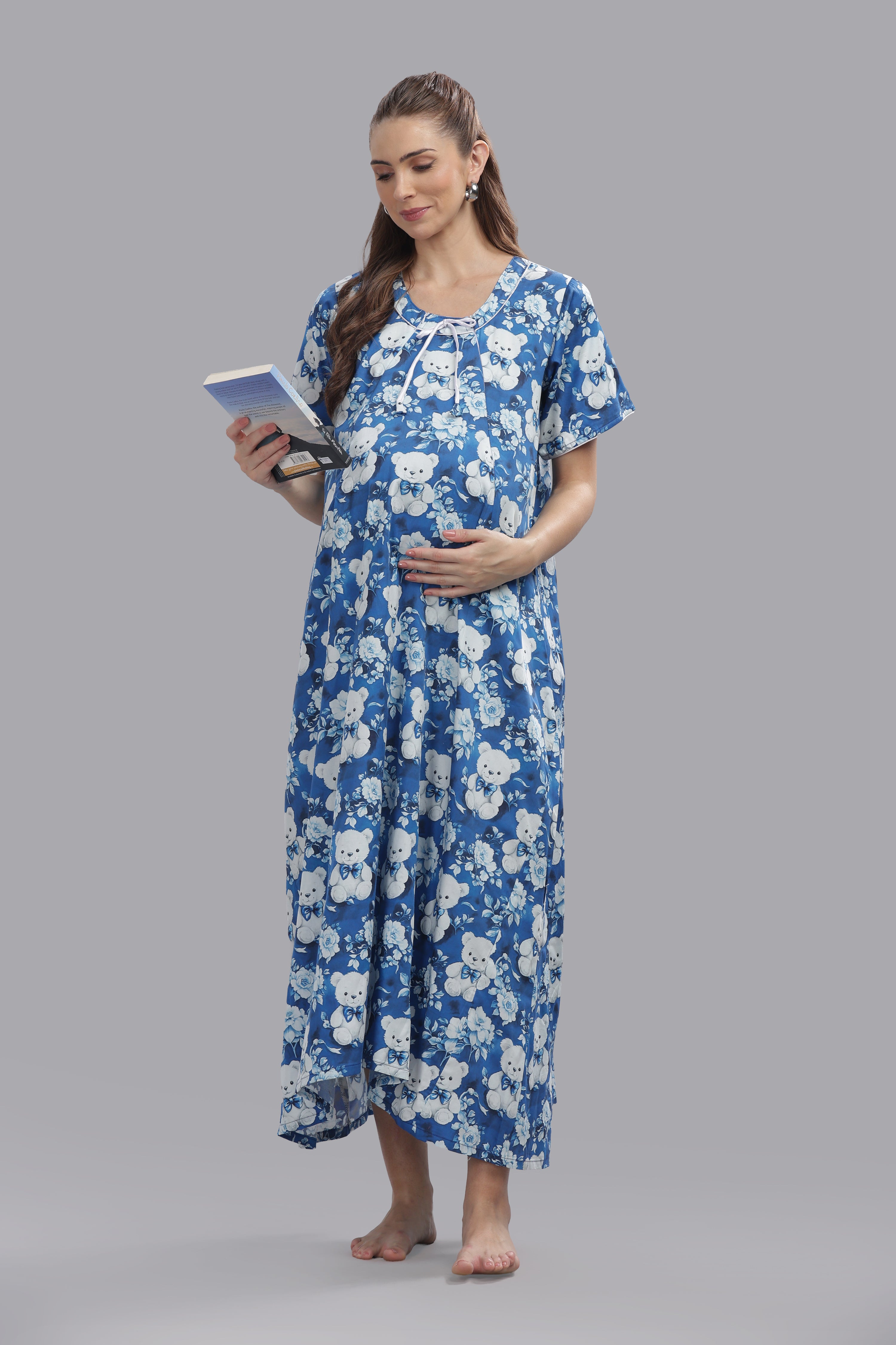 Beary Cute Maternity Gown -Pure Cotton Round Neck Gown with 2 Invisible Zips for Feeding