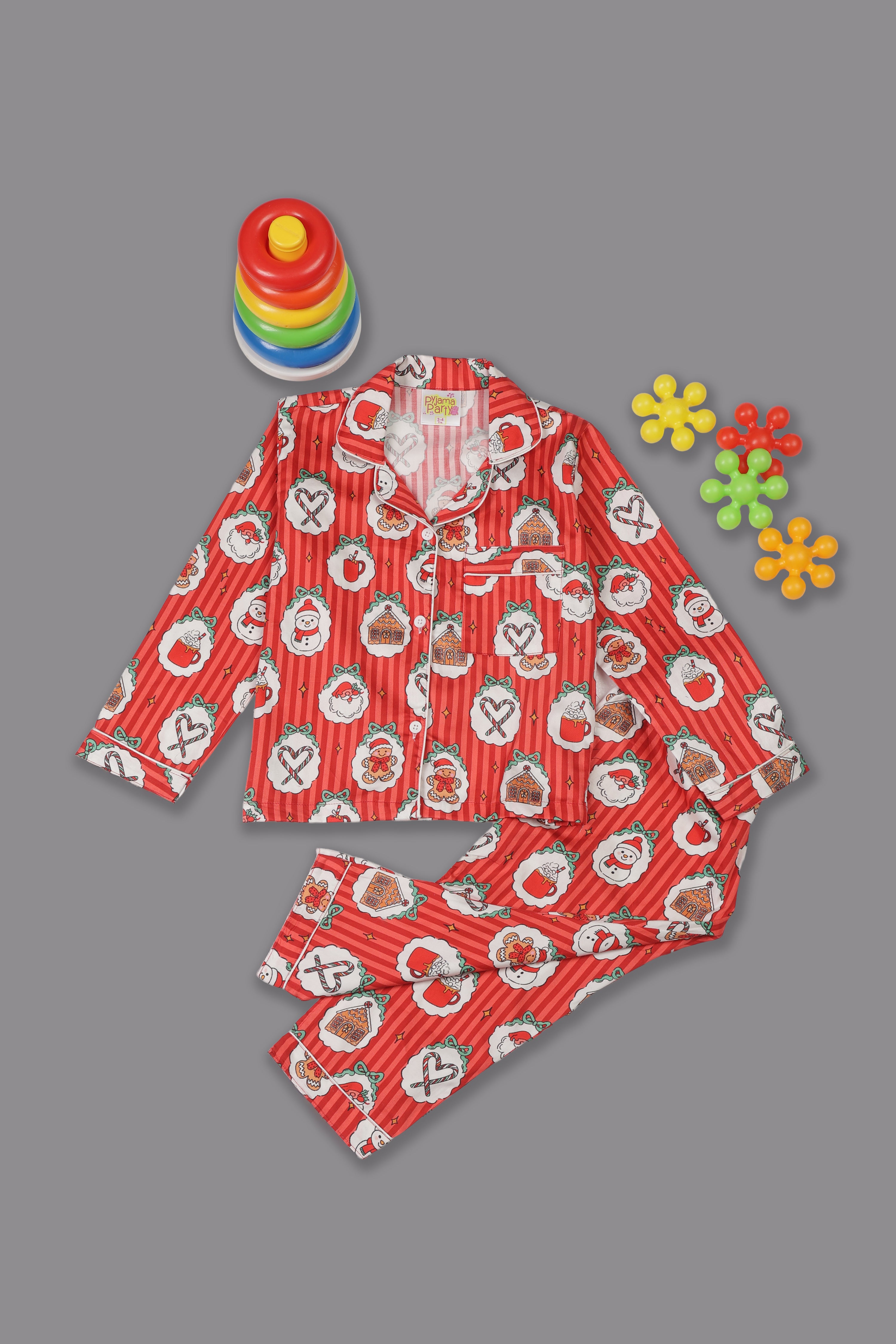 Christmas Carnival Kids Button Down Pj Set - Pure Cotton Pj Set with Notched Collar