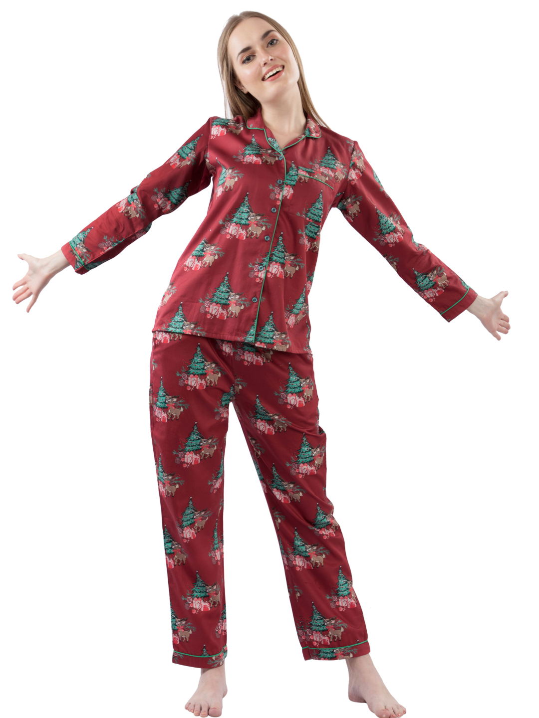 Holly Jolly Button Down Pj Set - Pure Cotton Pj Set with Notched Collar