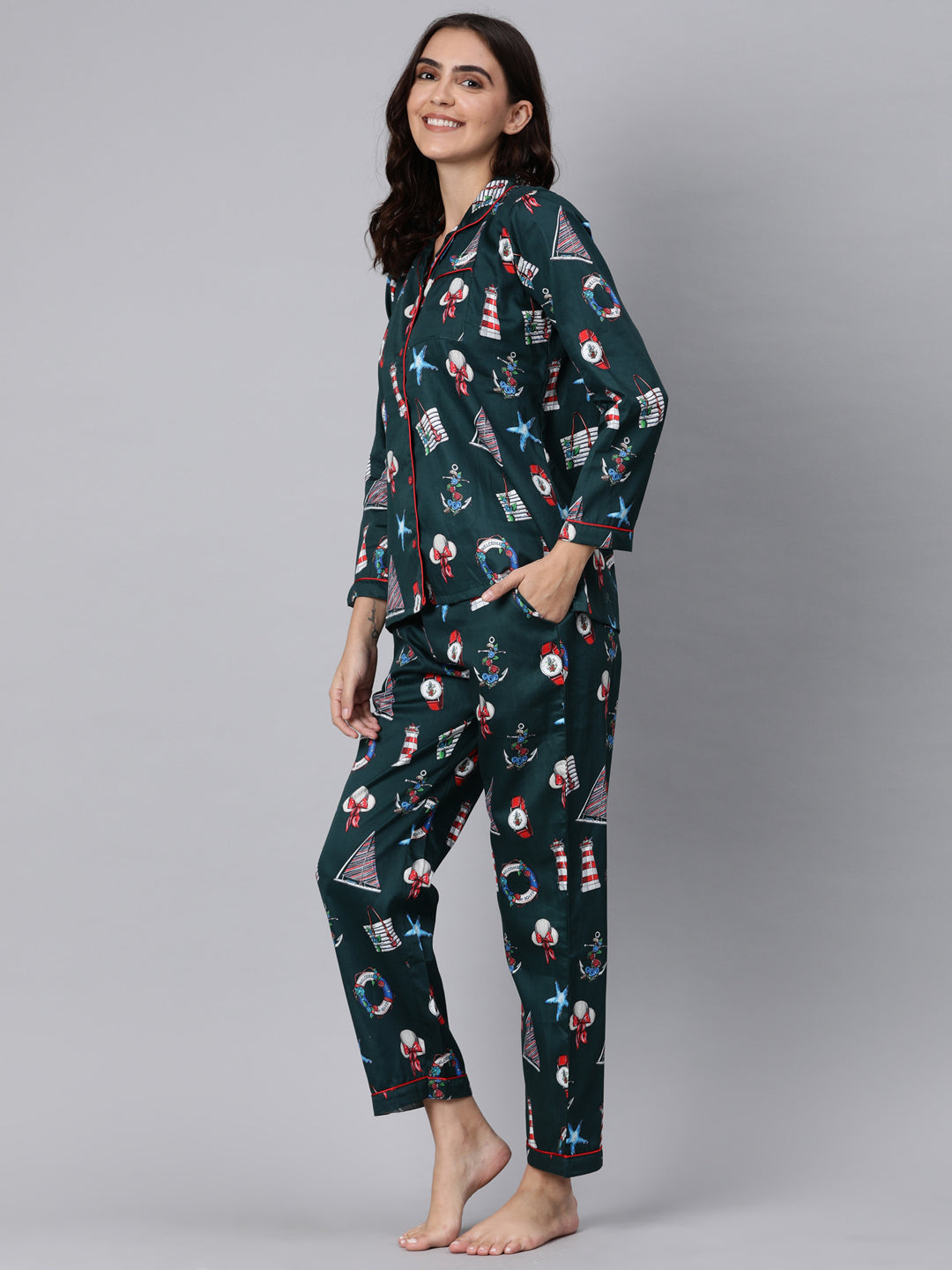 Nautical Button Down Pj Set - Pure Cotton Pj Set with Notched Collar