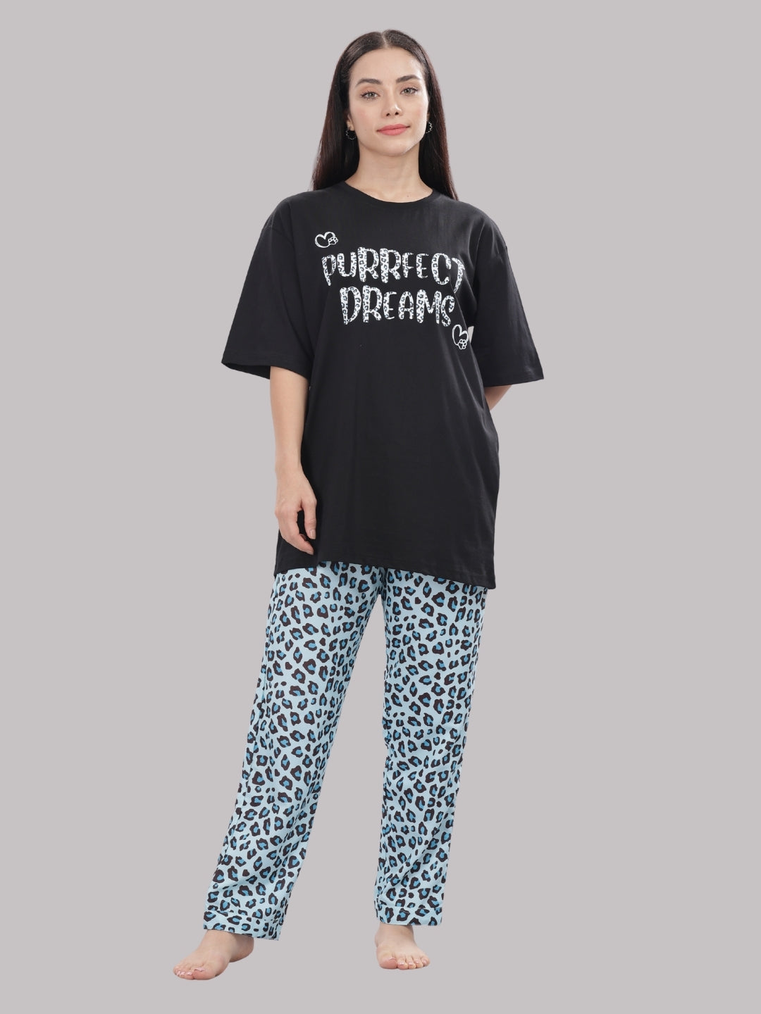 Purrfect Dreams T-shirt Pj Set - Oversized Tshirt with Pj Combo