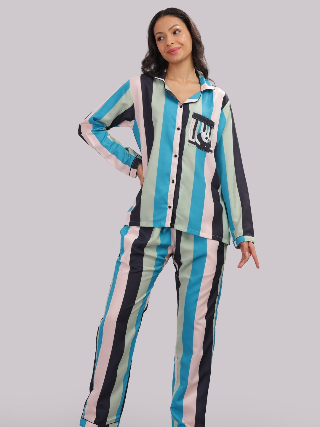 Busy Panda Button Down Pj Set - Cotton Rayon Pj Set with Notched Collar