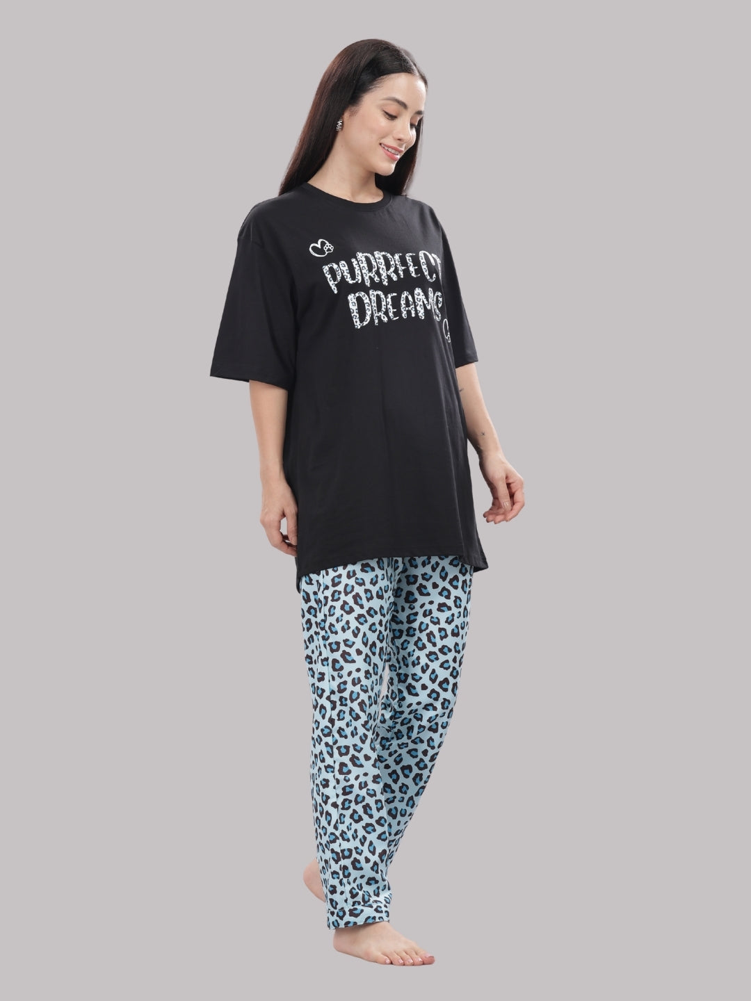 Purrfect Dreams T-shirt Pj Set - Oversized Tshirt with Pj Combo