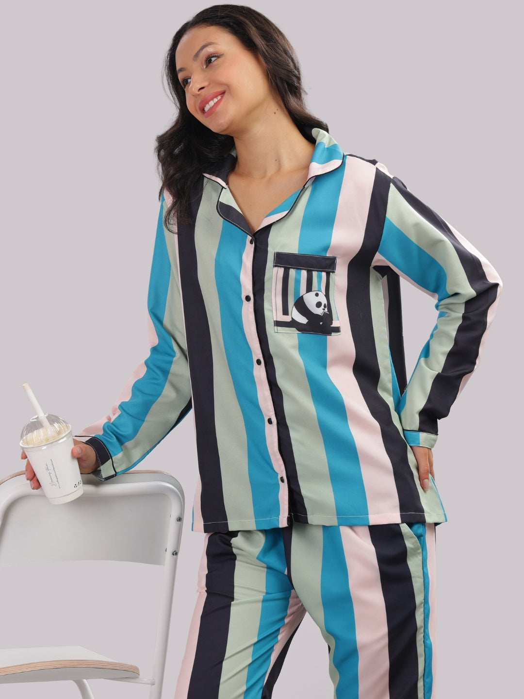 Busy Panda Button Down Pj Set - Cotton Rayon Pj Set with Notched Collar