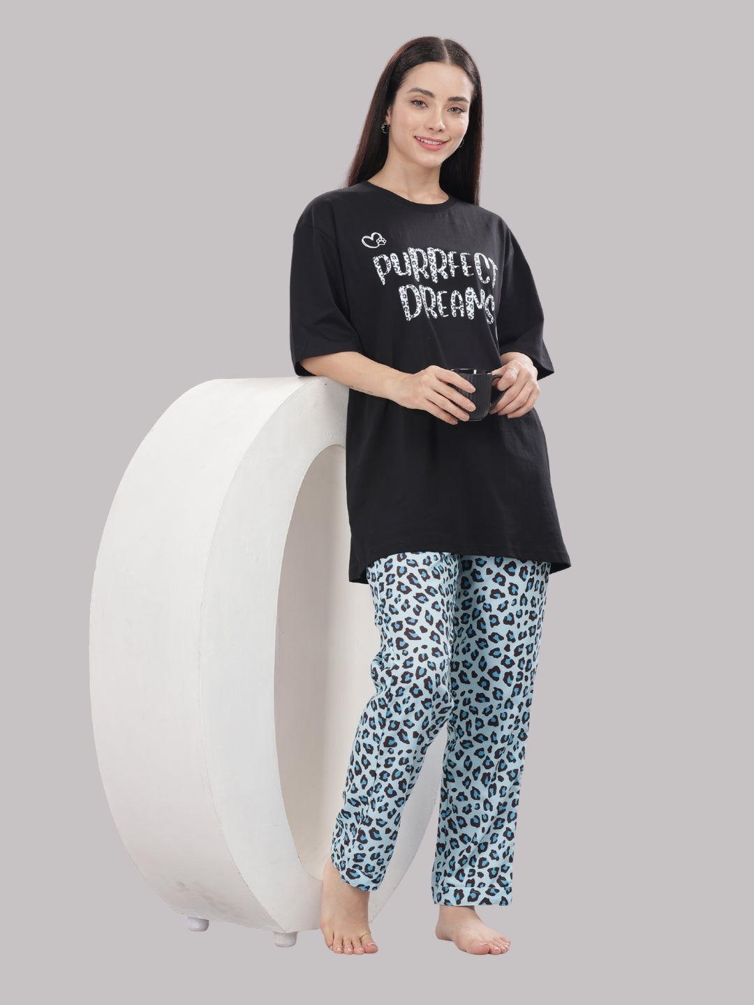 Purrfect Dreams T-shirt Pj Set - Oversized Tshirt with Pj Combo