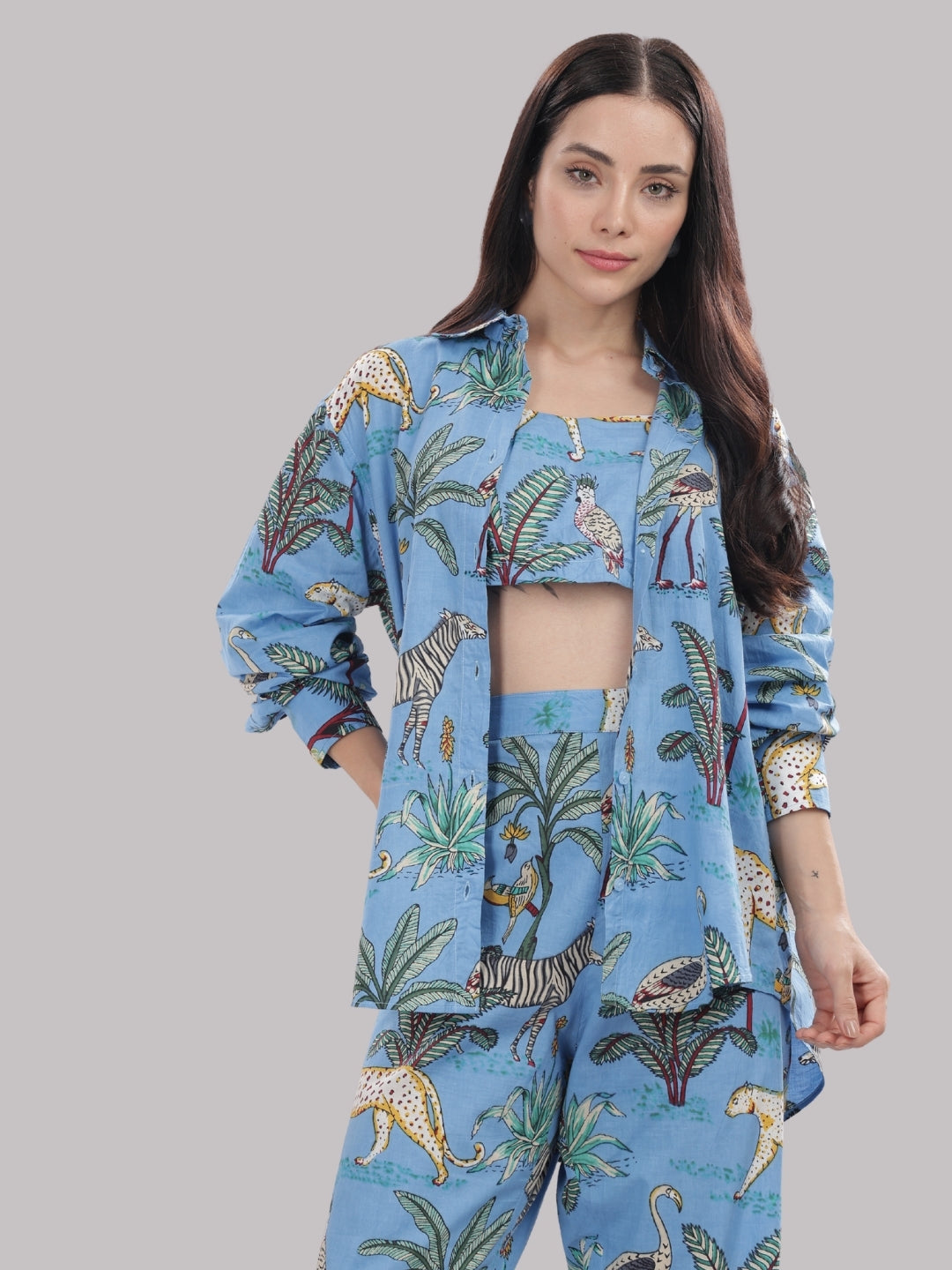 Blue Safari Co-ord Set- 3 Piece Co-ord Set in Pure Cotton