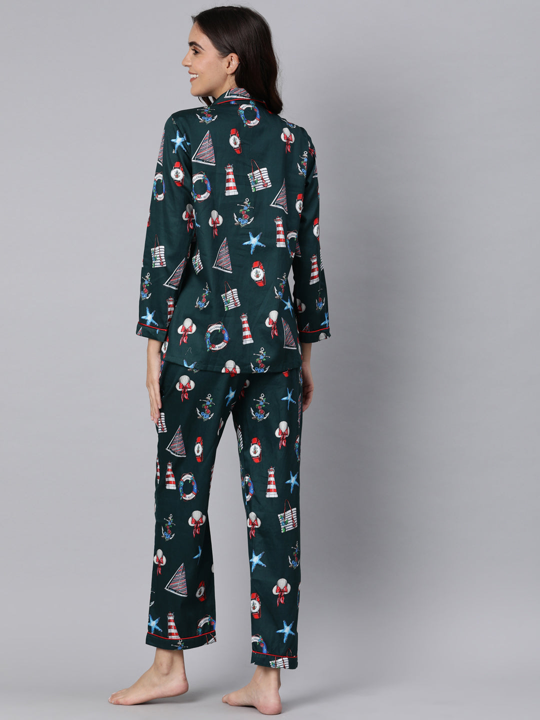 Nautical Button Down Pj Set - Pure Cotton Pj Set with Notched Collar