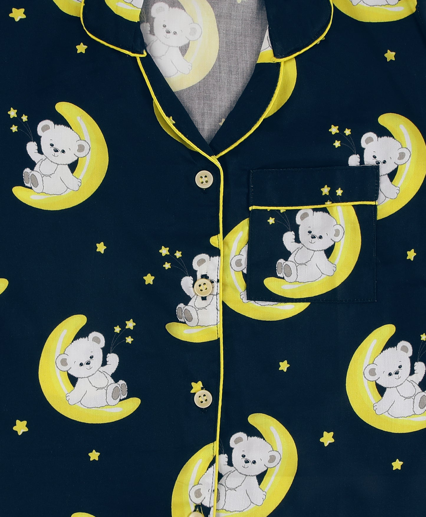 Sleeping Teddy Kids Button Down Pj Set - Pure Cotton Pj Set with Notched Collar
