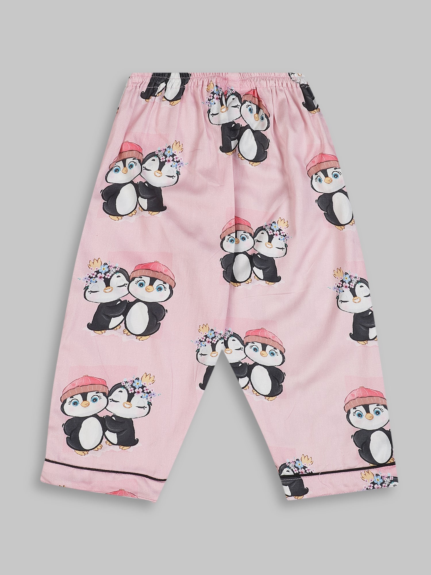 Pink Penguins Kids Button Down Pj Set - Pure Cotton Pj Set with Notched Collar