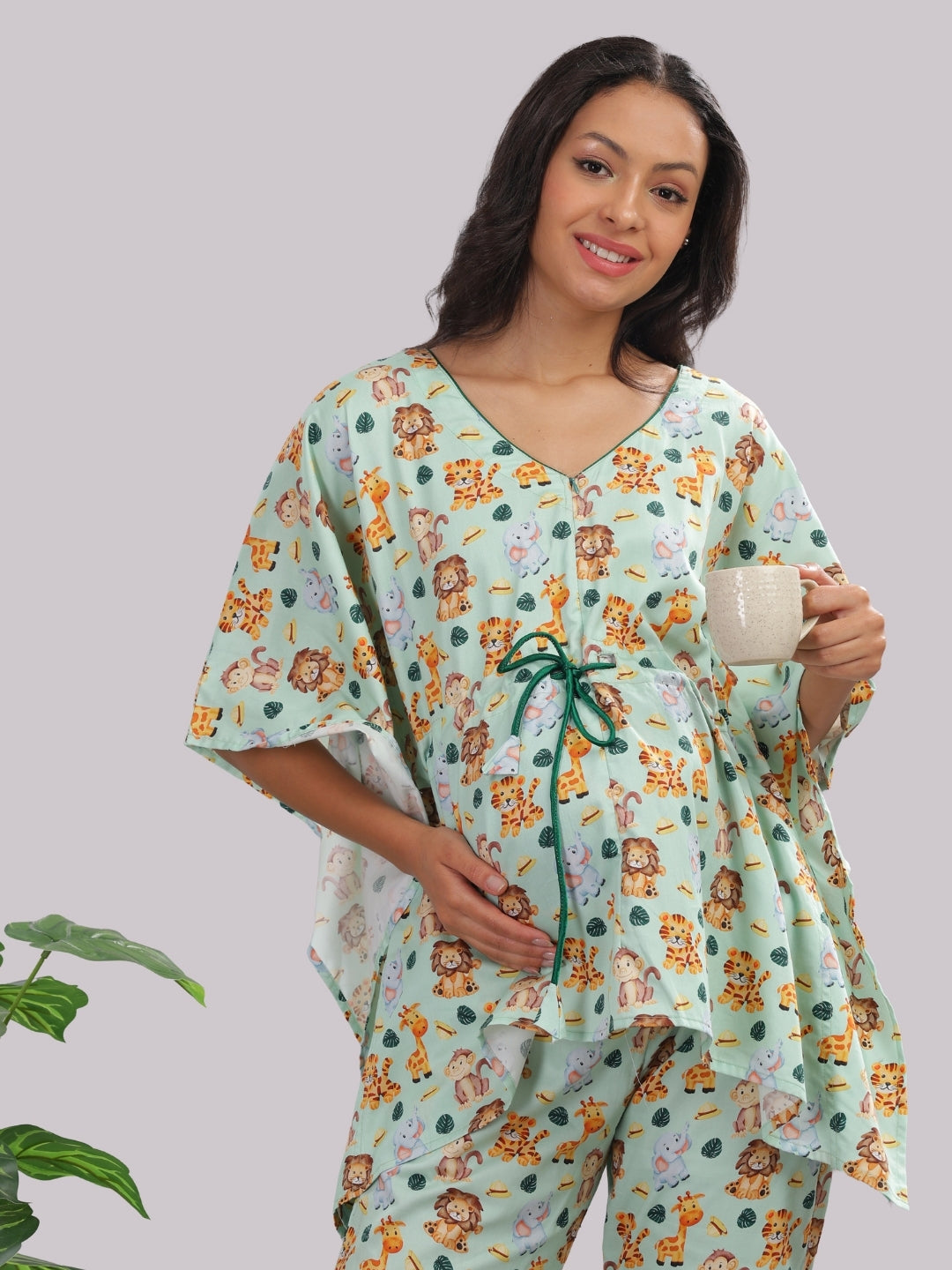 Into The Jungle Maternity Kaftan Pj Set - Pure Cotton Pj Set in Kaftan Style with Single Invisible Zip for Feeding