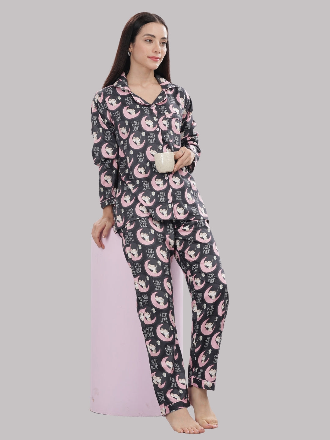Hello Cutie Button Down Pj Set - Pure Cotton Pj Set with Notched Collar