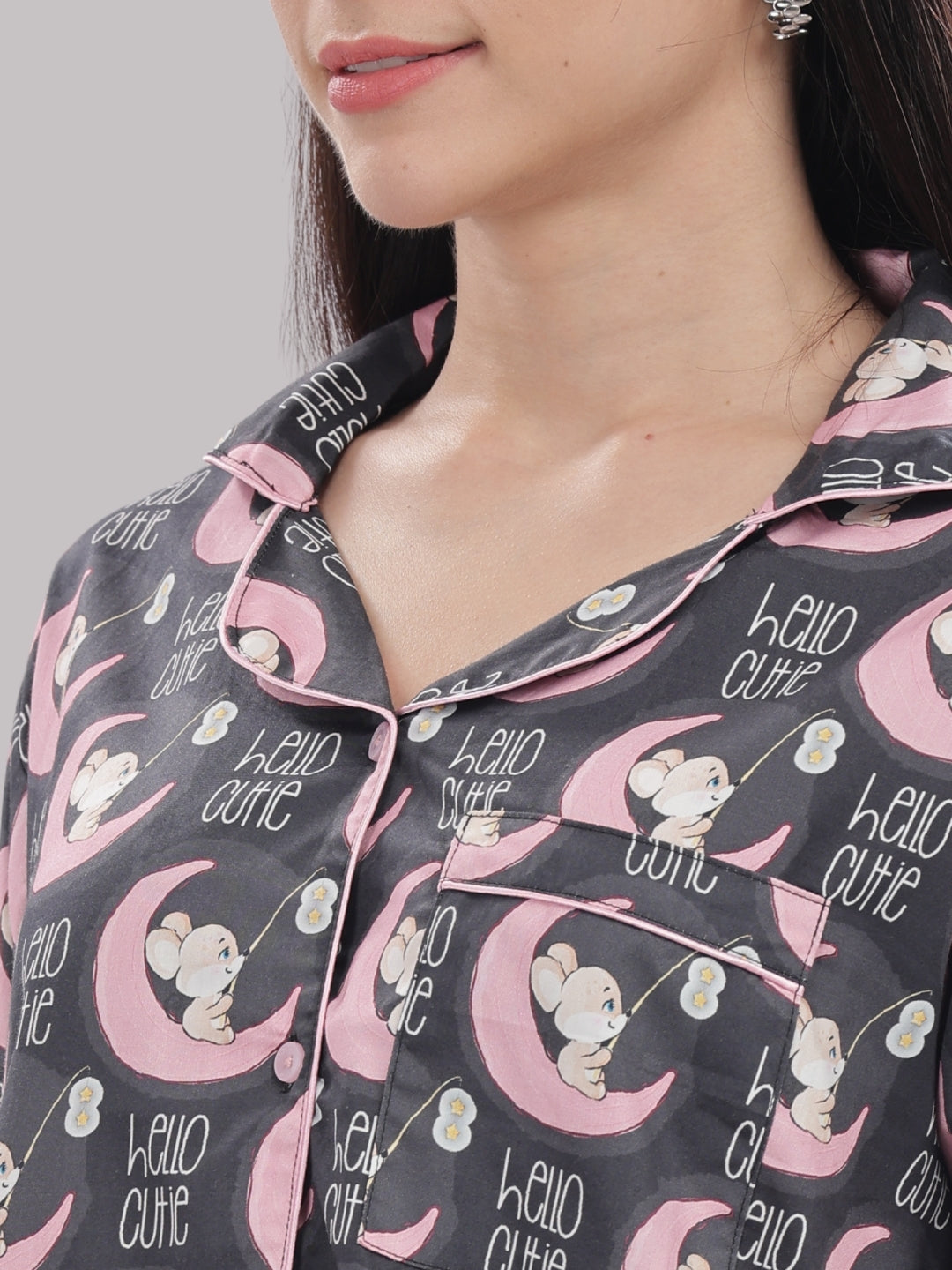 Hello Cutie Button Down Pj Set - Pure Cotton Pj Set with Notched Collar